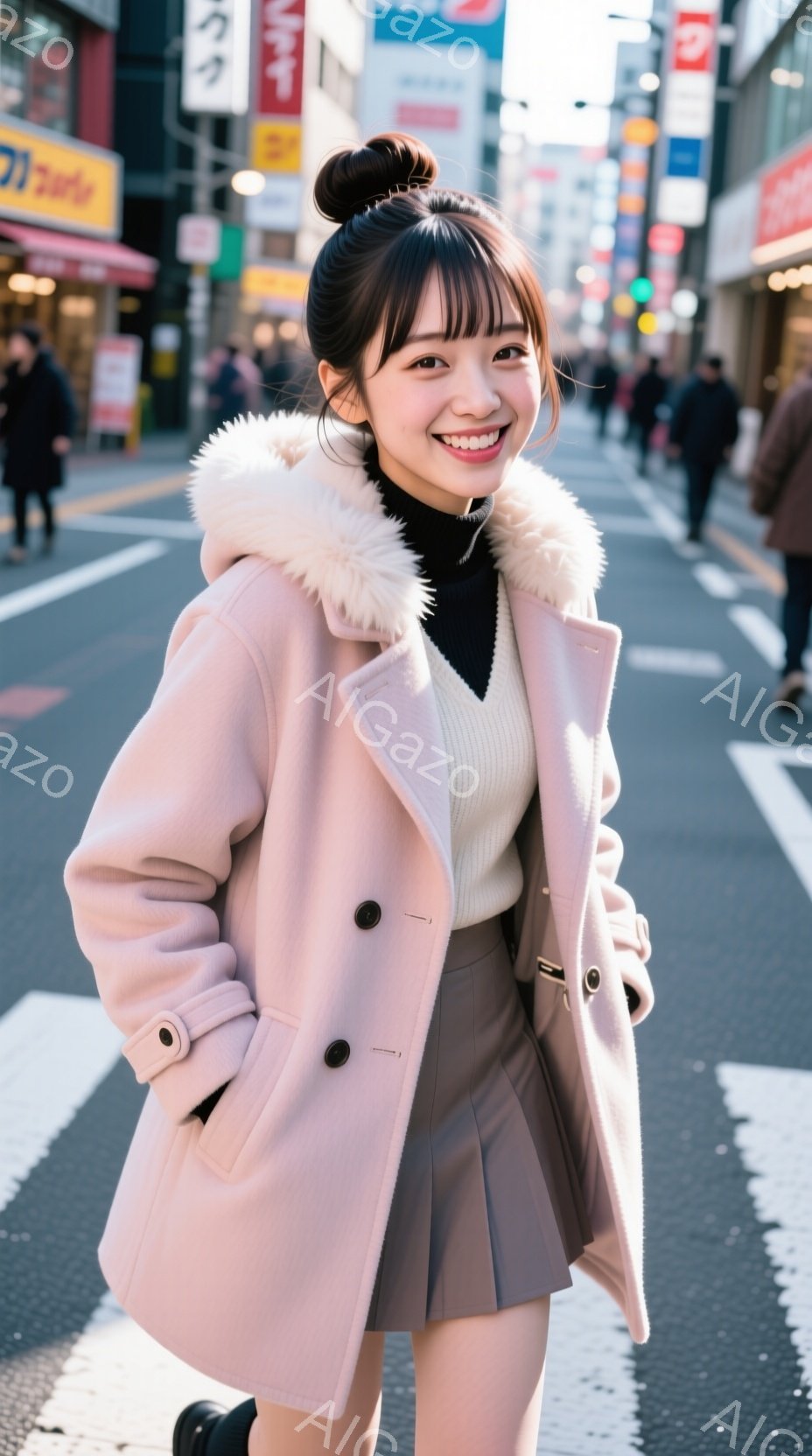 若い女性が、ピンク色のコートとベージュのスカートを身に着けて、横断歩道で微笑んでいます。彼女は髪を高くまとめ、明るい表情でカメラを見つめています。背景には、商店や建物が並ぶ賑やかな街並みが広がっており、晴天の下、活気のある雰囲気が感じられます。