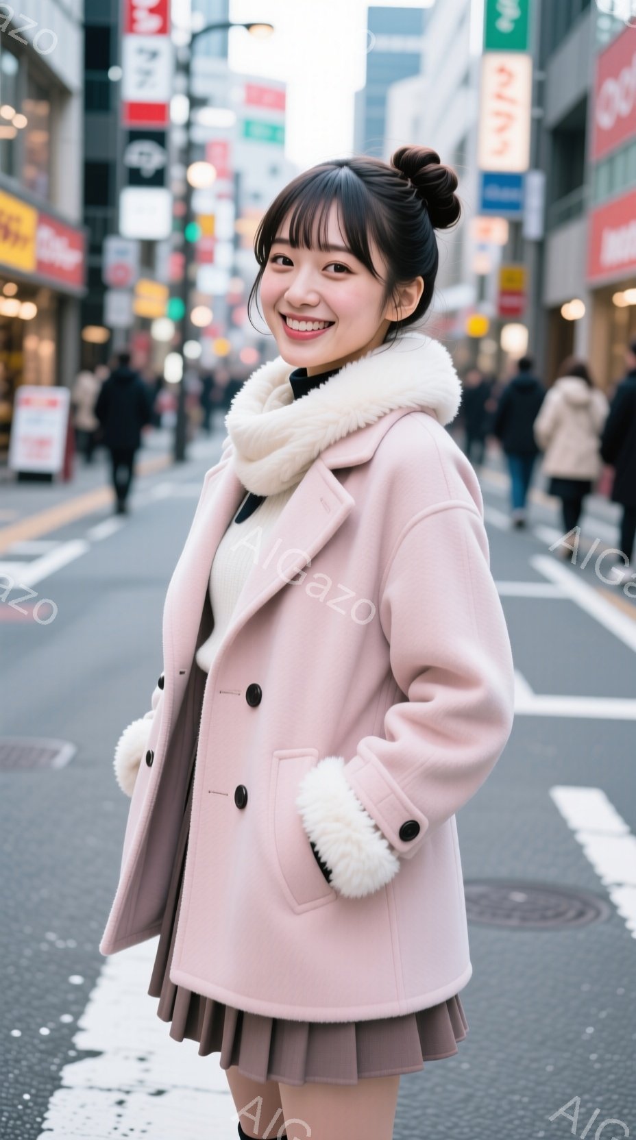 若い女性がピンク色のコートとスカートを着用し、街路に立っている。彼女は笑顔でカメラを見つめ、髪は高くまとめられている。背景には建物や歩行者がぼやけており、天気は曇りのようである。 - AI生成フリー素材