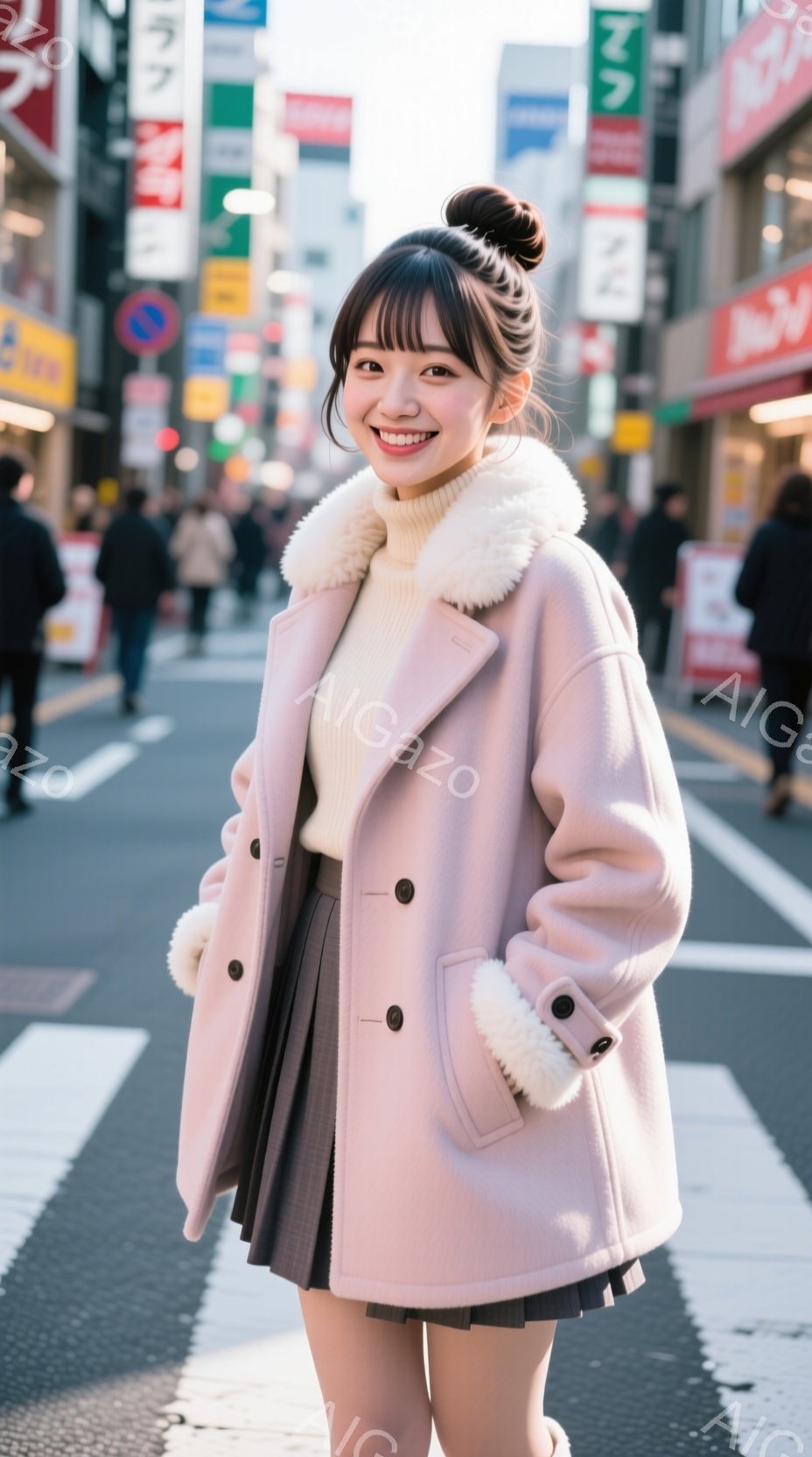 少女はピンク色のコートを着て、白いニットセーターとプリーツスカートを合わせ、横断歩道で微笑んでいます。彼女の髪はきれいにまとめられ、明るい表情が印象的です。背景には商店や建物が並び、晴れた日の賑やかな街並みが広がっています。
