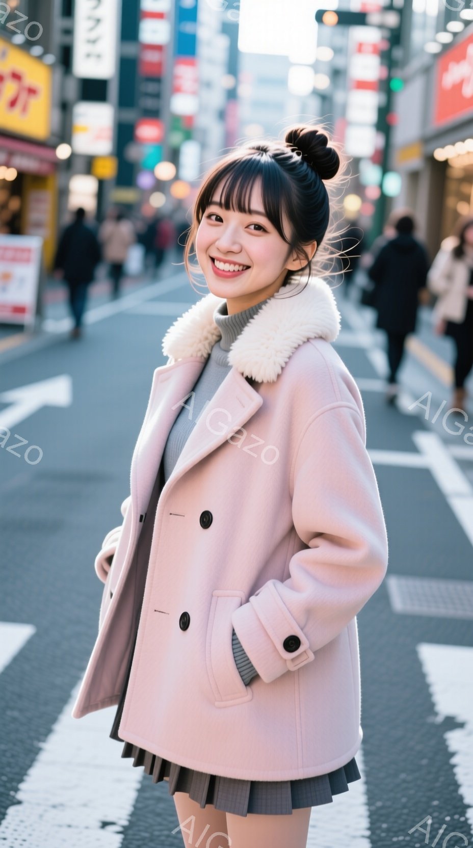 若い女性がピンク色のコートとグレーのスカートを着て、横断歩道でカメラに向かって微笑んでいます。彼女は髪を高いお団子にしており、表情は明るく、楽しそうです。背景には、賑やかな都市の風景と歩行者がぼやけて見え、晴れた日の活気ある雰囲気が伝わってきます。