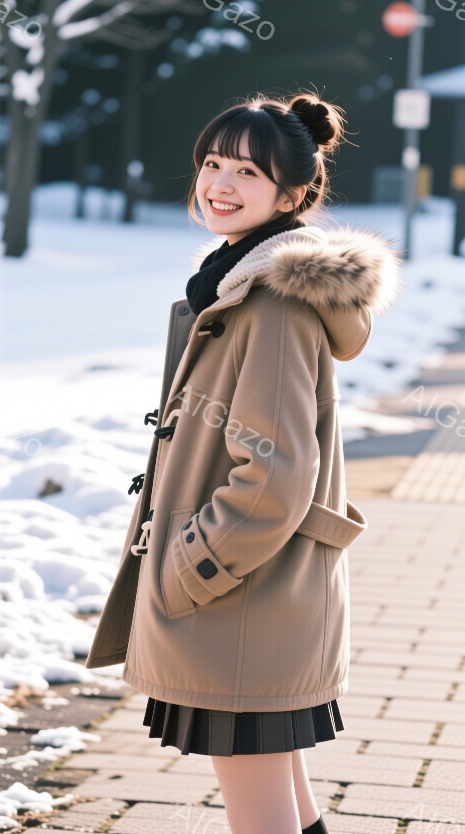 画像には、冬の日に屋外にいる若い女性が写っています。彼女はベージュ色のフード付きコート、黒いスカート、そして黒いタイツを着用しており、笑顔でカメラを見ています。背景には雪景色が広がり、明るい日差しが降 - AI生成フリー素材