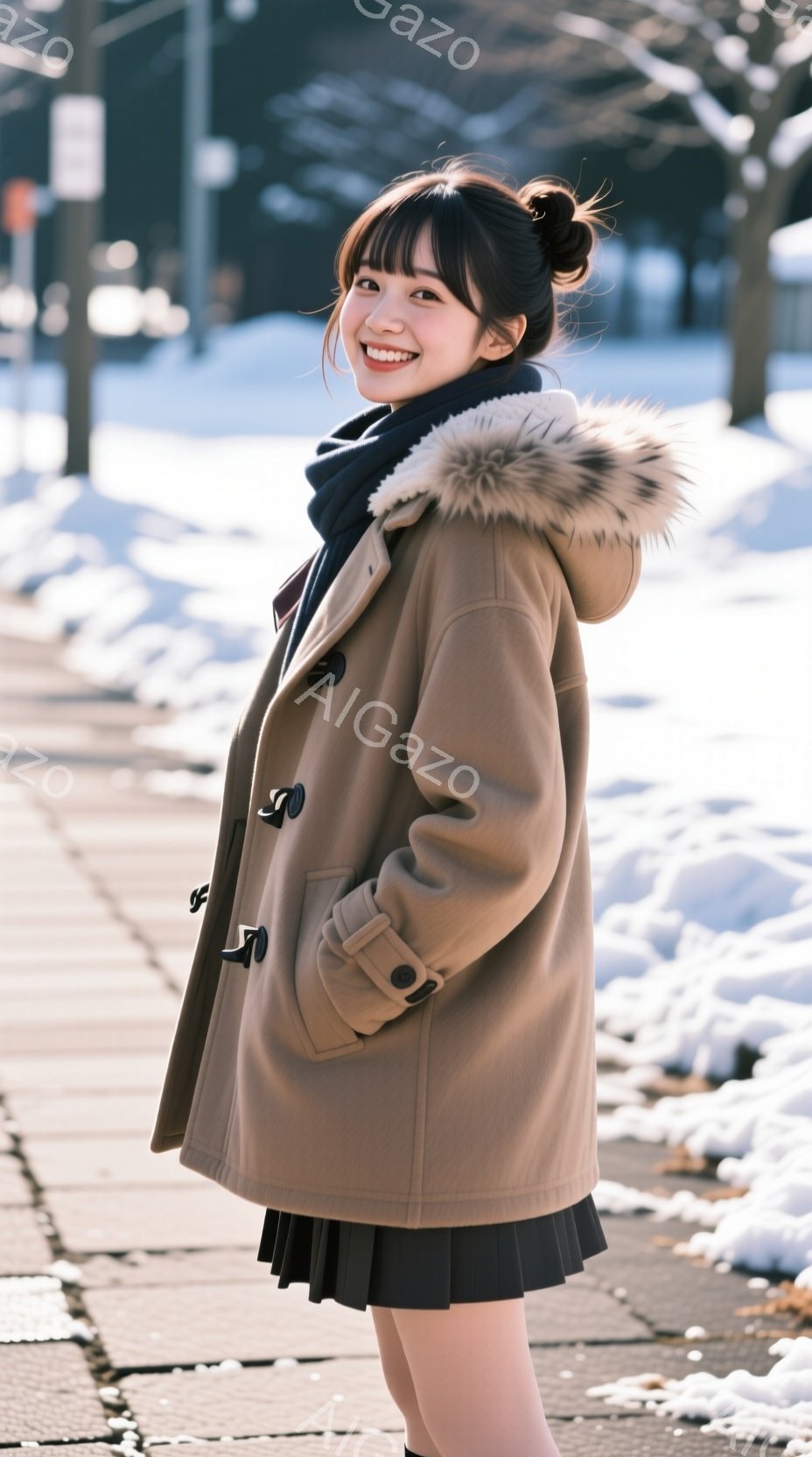 若い女性がベージュ色のファー付きのコートと黒のプリーツスカートを着て、笑顔で立っています。彼女は肩までの長さの黒髪で、前髪は目にかかるようにカットされています。背景は雪景色で、足元には雪が積もり、木々 - AI生成フリー素材