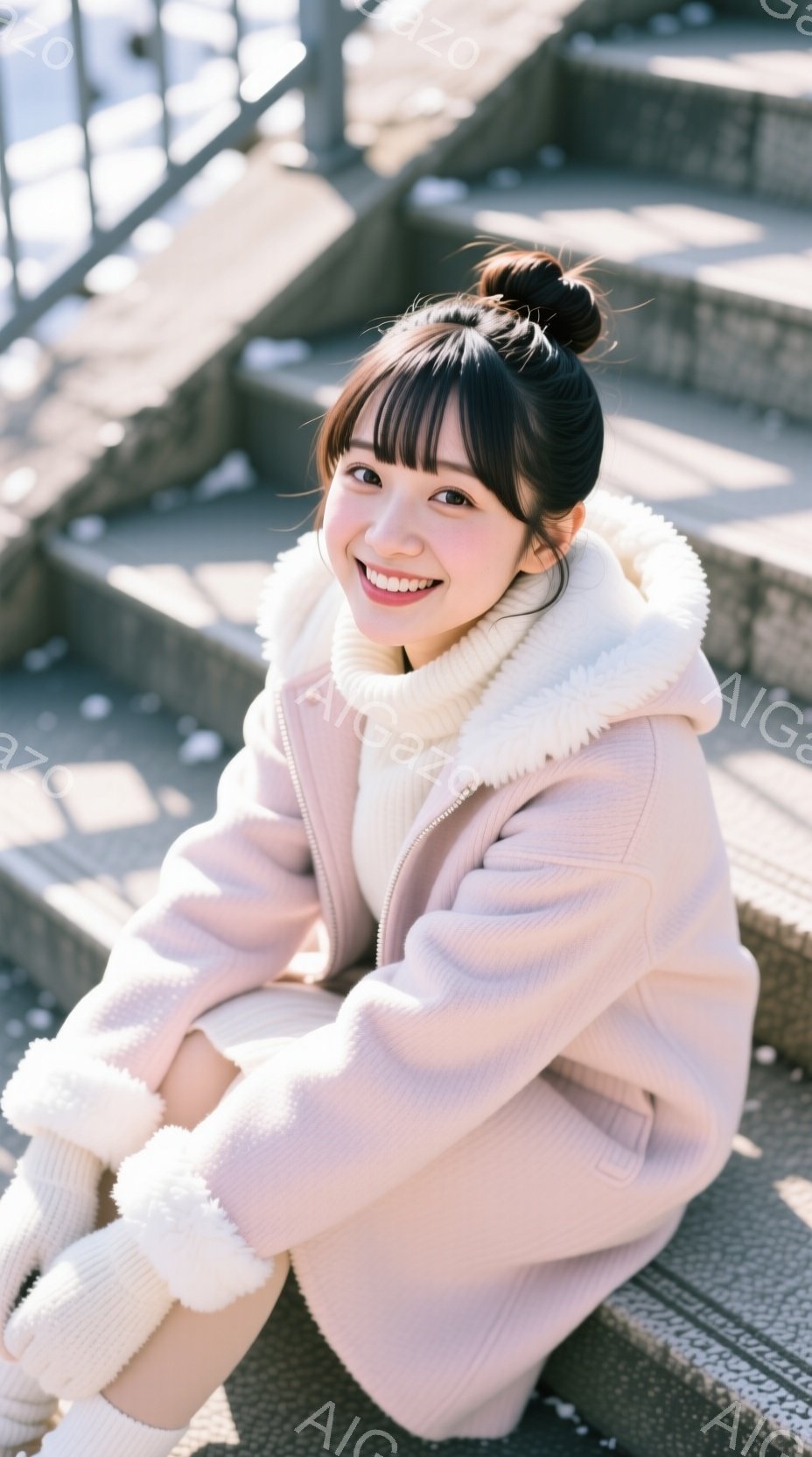 若い女性がコンクリートの階段に座っており、ピンク色のフリースジャケットと白いセーターを着ています。彼女は笑顔で、髪を後ろで束ねています。背景はぼやけていますが、日差しが差し込む屋外で、穏やかで暖かい雰 - AI生成フリー素材