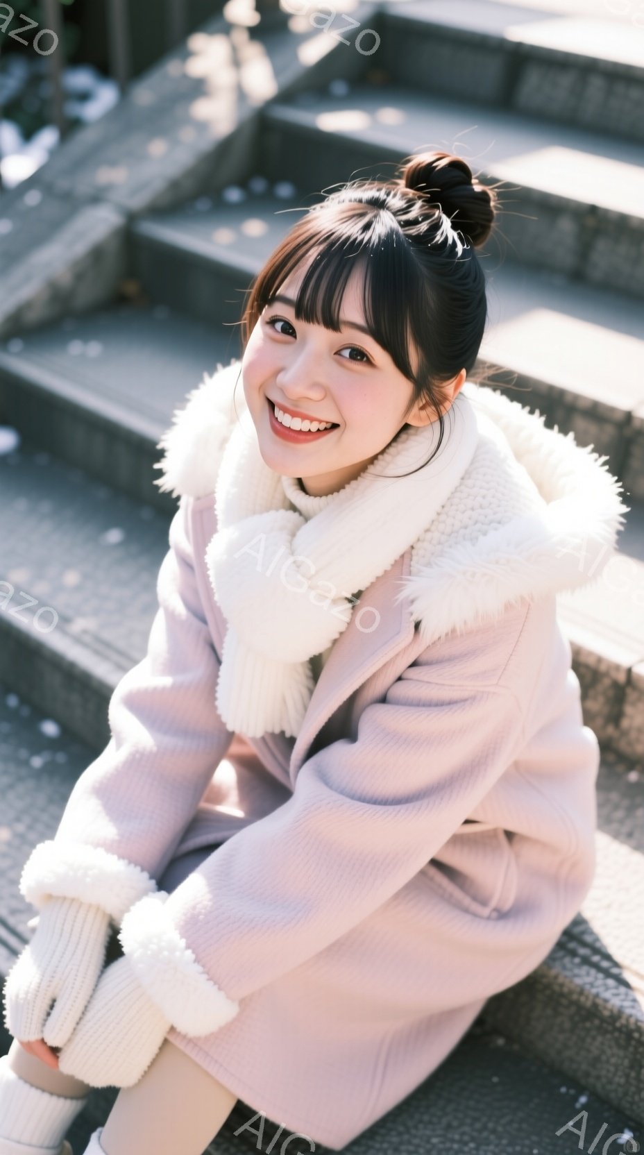 若い女性が階段に座り、笑顔を見せています。ピンク色のファーカラーのコートとニットのセーターを着ており、髪は前髪を出しながら後ろで一つにまとめています。背景には石の階段とぼやけた建物があり、全体的に暖か - AI生成フリー素材