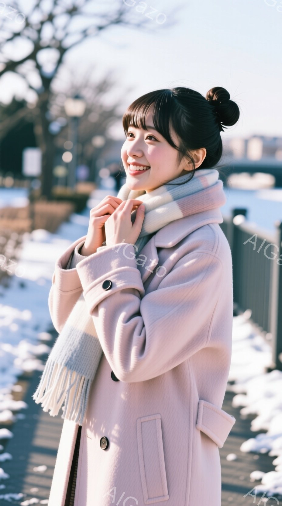 若い女性がピンク色のコートと白いマフラーを身につけて立っています。彼女は微笑んでおり、両手でマフラーを軽く握っています。背景には雪景色が広がり、穏やかで冬らしい雰囲気が漂っています。 - AI生成フリー素材