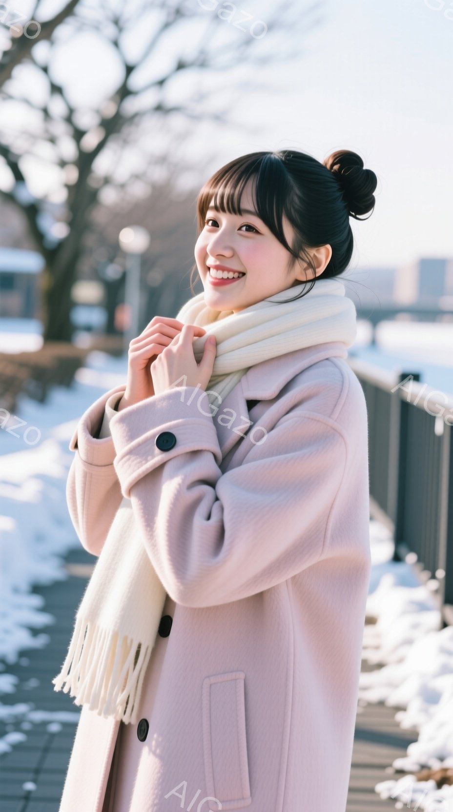 明るい笑顔の女性が、淡いピンク色のコートと白いマフラーを身につけて立っている。彼女は両手を前に重ねており、冬の風景の中で温かい雰囲気を醸し出している。背景には雪景色と建物が見え、晴れた冬の日の穏やかな - AI生成フリー素材