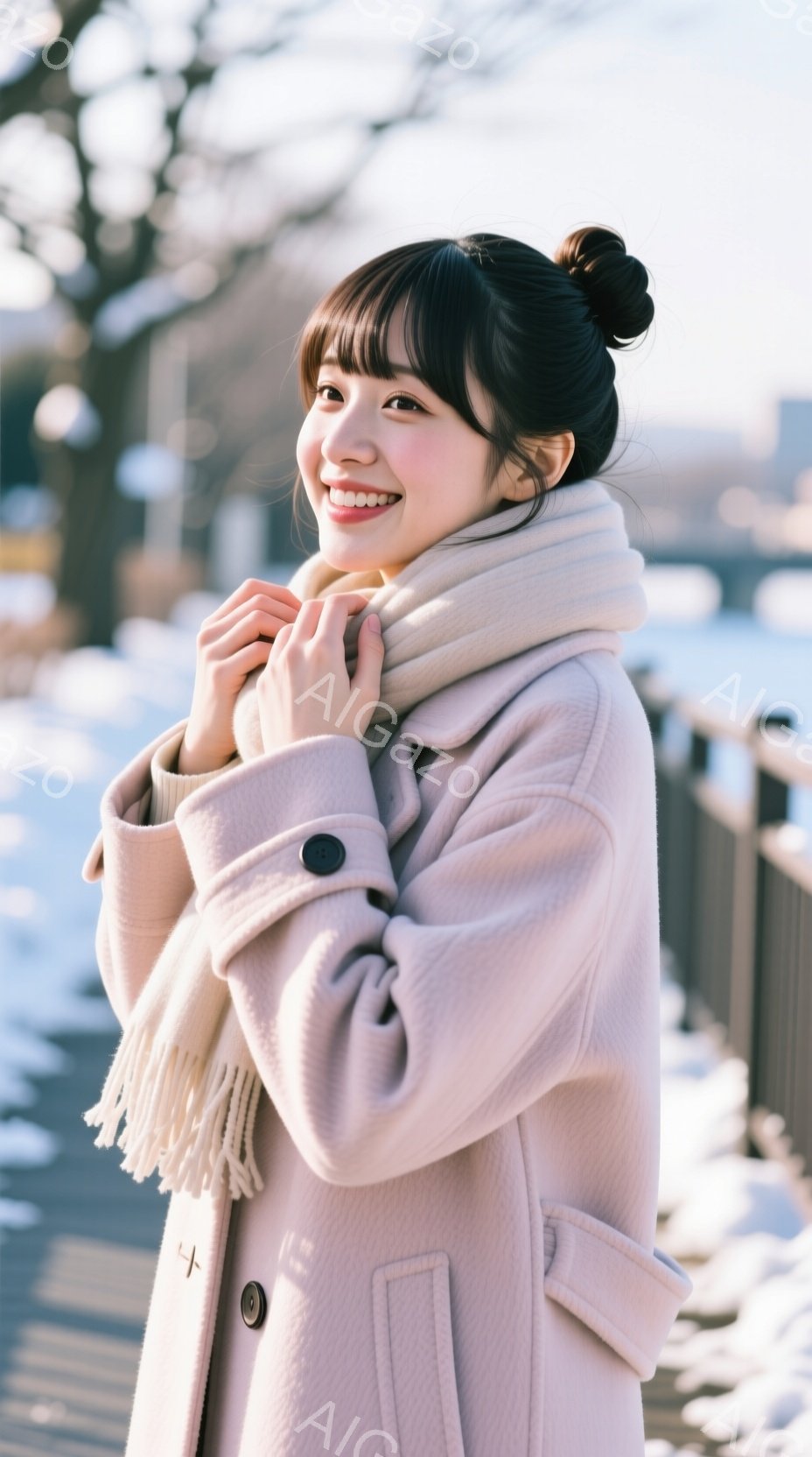 若い女性がピンク色のコートと白っぽいスカーフを身に着けて微笑んでいます。彼女は両腕でスカーフを抱きしめるようにして、少し寒そうな冬の日に暖を取っているようです。背景には雪景色が広がり、穏やかで優しい雰 - AI生成フリー素材