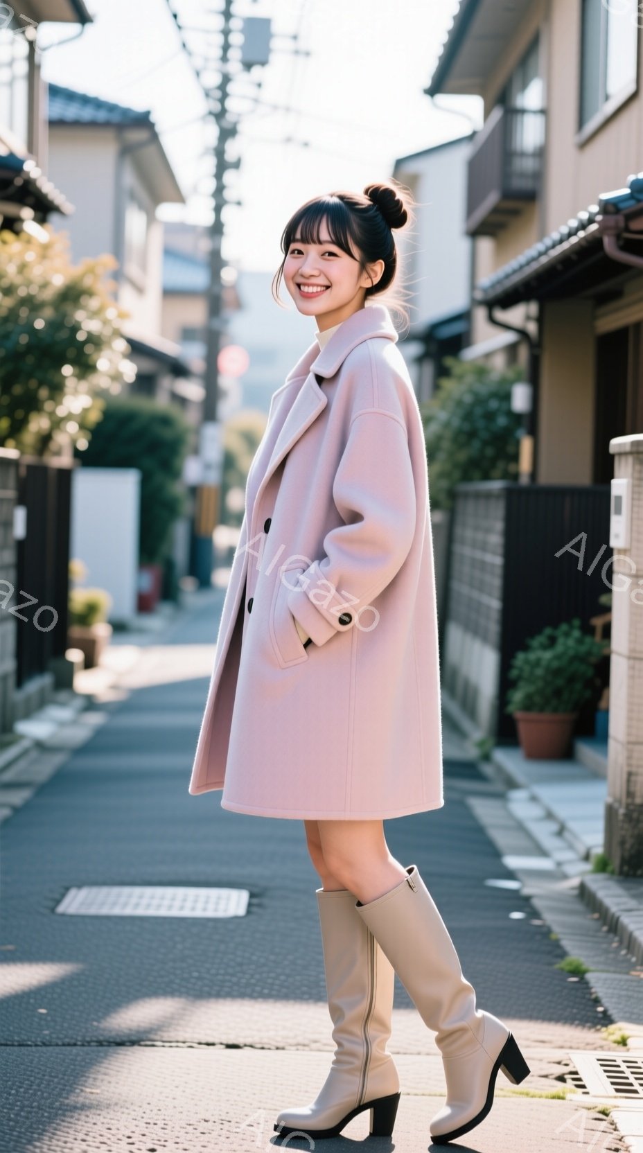 若い女性がピンク色のコートとベージュの膝丈ブーツを身につけ、路地で正面を向いて立っています。彼女は髪を後ろでまとめ、微笑んでおり、明るい日差しの中でリラックスした雰囲気を醸し出しています。背景には木製のフェンスや住宅が並び、穏やかな秋の日の風景が広がっています。