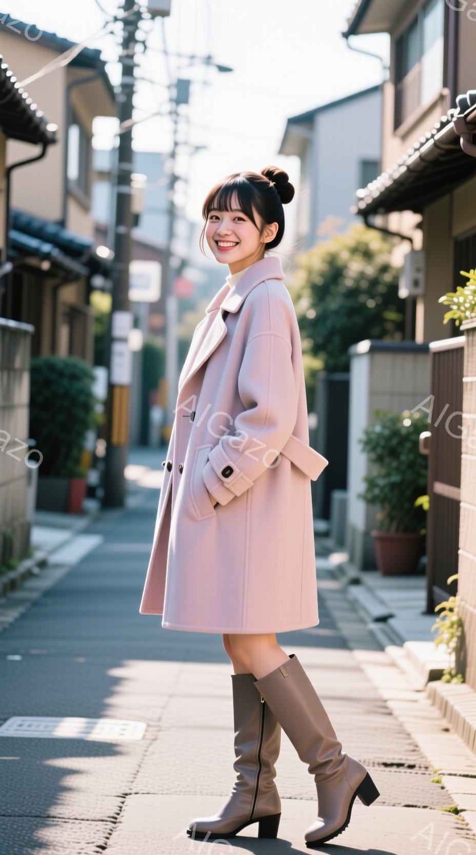 明るいピンク色のコートを着た若い女性が、グレーのニーハイブーツを履いて石畳の道に立っています。彼女は微笑んでおり、髪は後ろでまとめている様子です。背景には、木製の塀と住宅が並び、日差しが差し込み穏やか - AI生成フリー素材