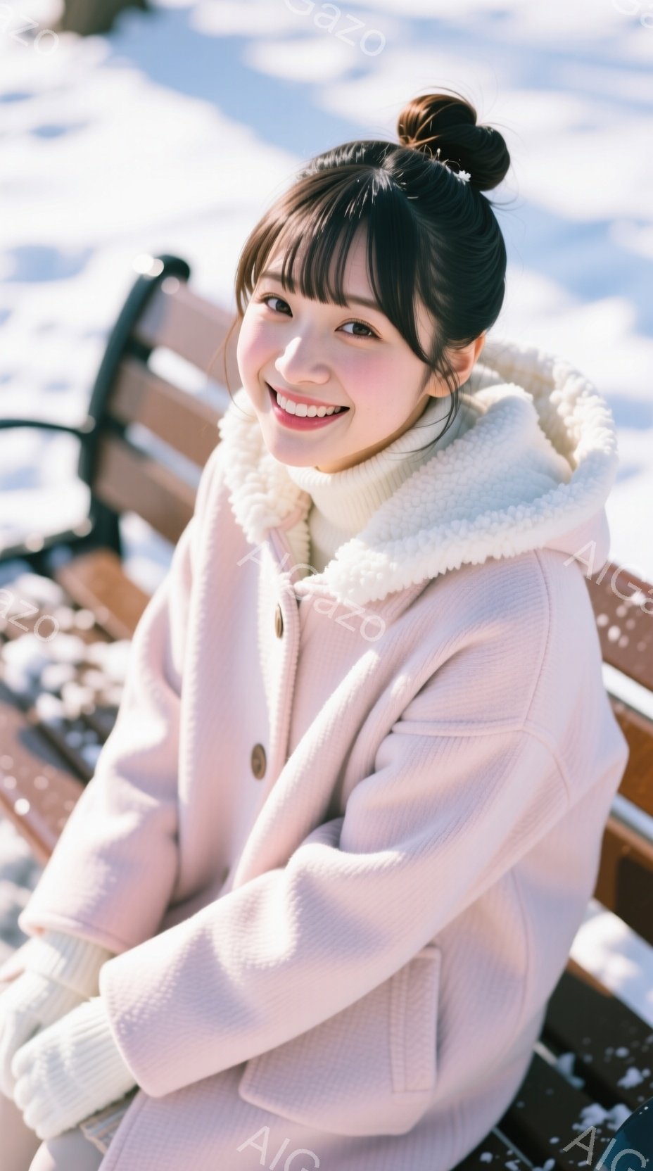 画像は、ピンク色のふわふわしたフード付きコートを着た若い女性が写っています。彼女は笑顔でカメラを見つめ、髪をきっちりとまとめて後ろで結んでいます。背景には雪景色が広がり、女性は公園のベンチに座って冬の穏やかな雰囲気を楽しんでいるようです。