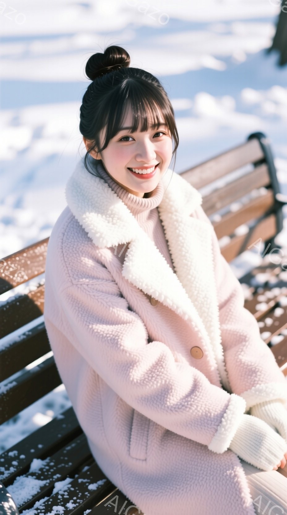 若い女性が雪景色を背景にベンチに座っています。彼女はピンク色のボアコートとニットのセーターを着ており、髪はきっちりとまとめられています。笑顔でカメラに向かっており、冬の穏やかで暖かい雰囲気が漂っていま - AI生成フリー素材