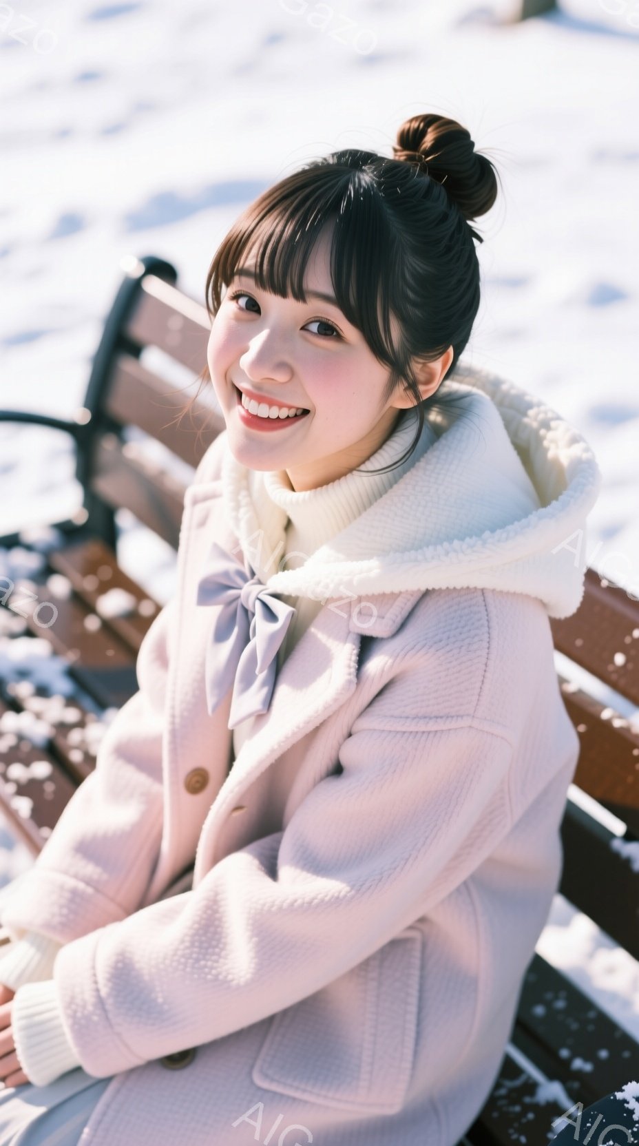 明るい笑顔の若い女性が、淡いピンク色のフード付きコートを着て椅子に座っています。彼女は髪をまとめ、首に淡いピンク色のスカーフを巻いています。背景には雪が積もっており、冬の穏やかな雰囲気が漂っています。