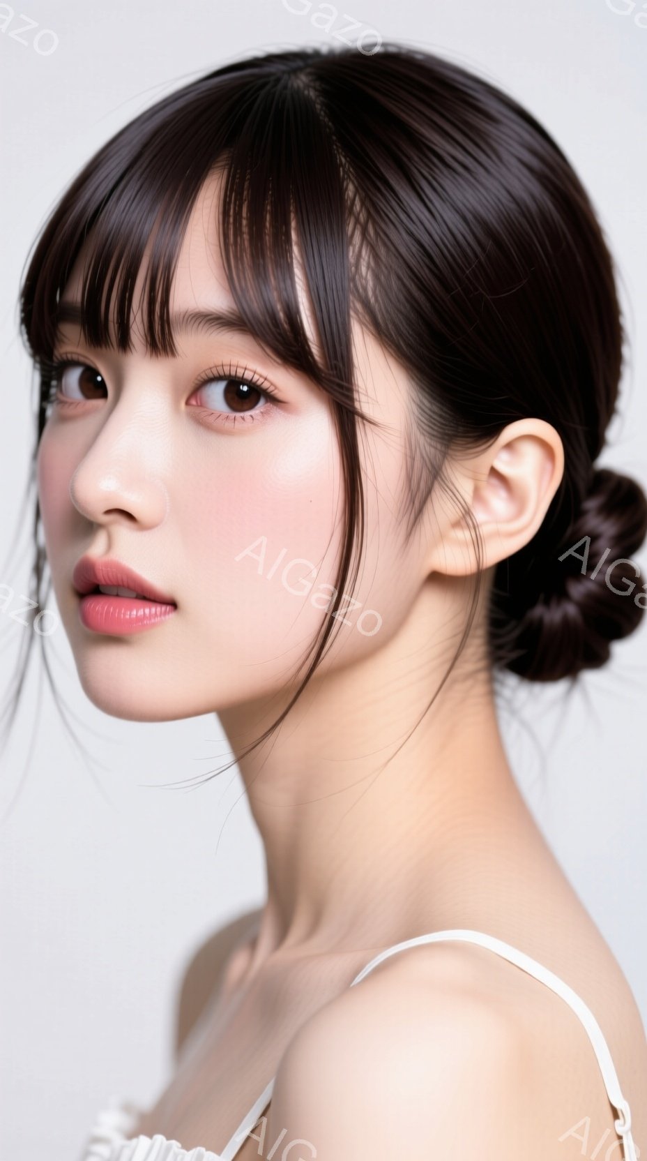 画像は、肩出しの白いトップスを着た若い女性のポートレートです。彼女は黒髪で、前髪が少し流れており、後ろでまとめ髪にしています。彼女の顔はわずかに横を向き、穏やかで魅力的な表情をしています。