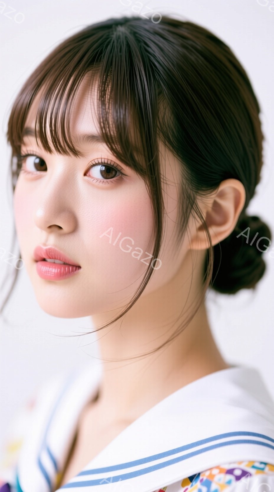 画像は、暗い髪を上品にまとめた若い女性のポートレートです。彼女は白いセーラーカラーのブラウスを着ており、顔には控えめな微笑みが浮かんでいます。背景は白く、女性に焦点が当てられています。