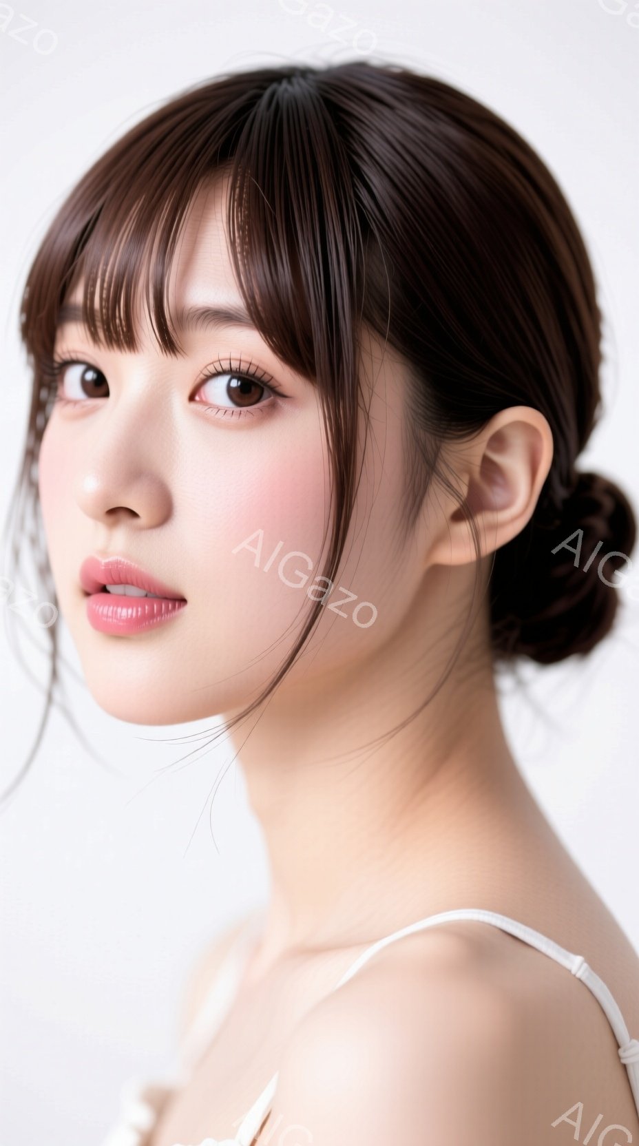 この女性は、肩を少し傾け、カメラを見つめるポートレート写真です。髪は前髪を活かしたスタイルで後ろでまとめられ、白いストラップの服を着ています。全体的に柔らかい光と控えめな表情で、優雅で洗練された雰囲気を醸し出しています。