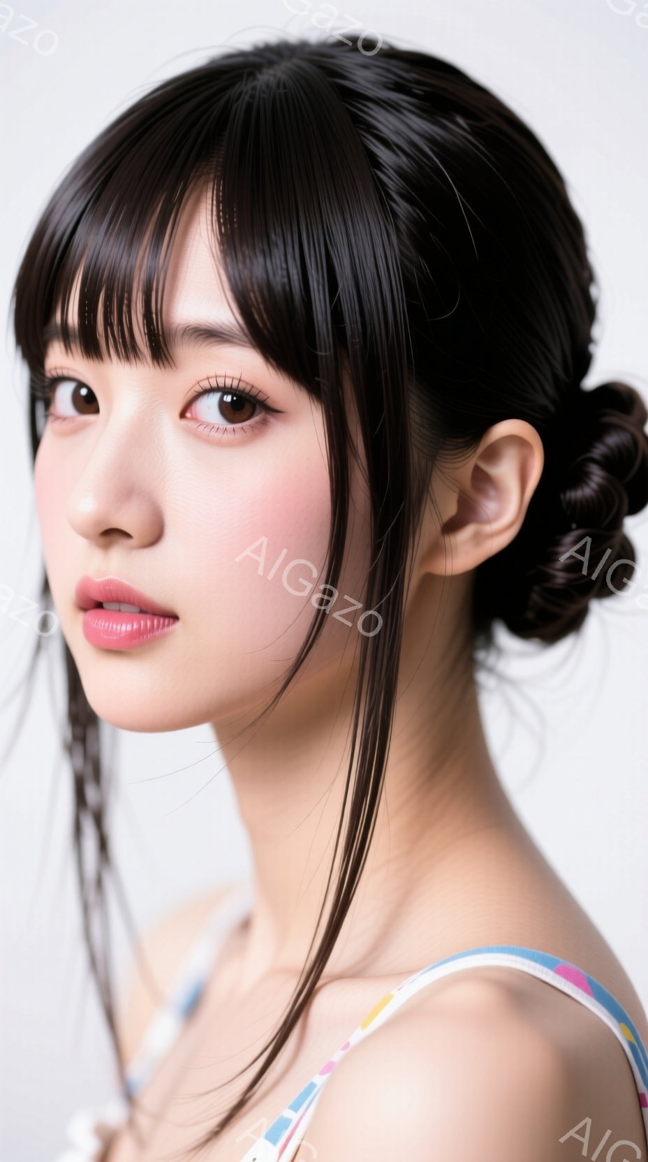 この女性は、黒髪を高く結い上げたヘアスタイルで、前髪が眉毛にかかるようにカットされています。明るい色のストラップ付きのトップスを着ており、顔は少し上を向いていて、口元は微笑みを浮かべています。背景は白一色で、人物に焦点が当てられています。