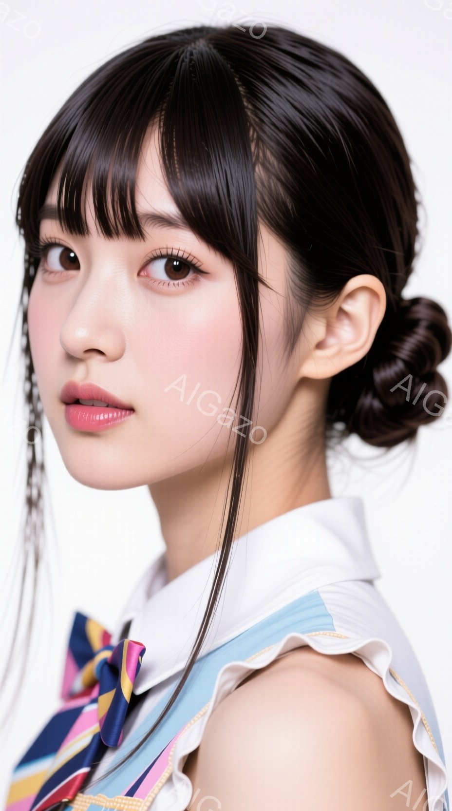 黒髪を高くまとめており、前髪はぱっつんカットで、明るい茶色の瞳が印象的な女性が写っています。白いブラウスに、青と黄色のストライプのネクタイのような装飾が施されており、少し肩を傾けたポーズで、穏やかな微 - AI生成フリー素材