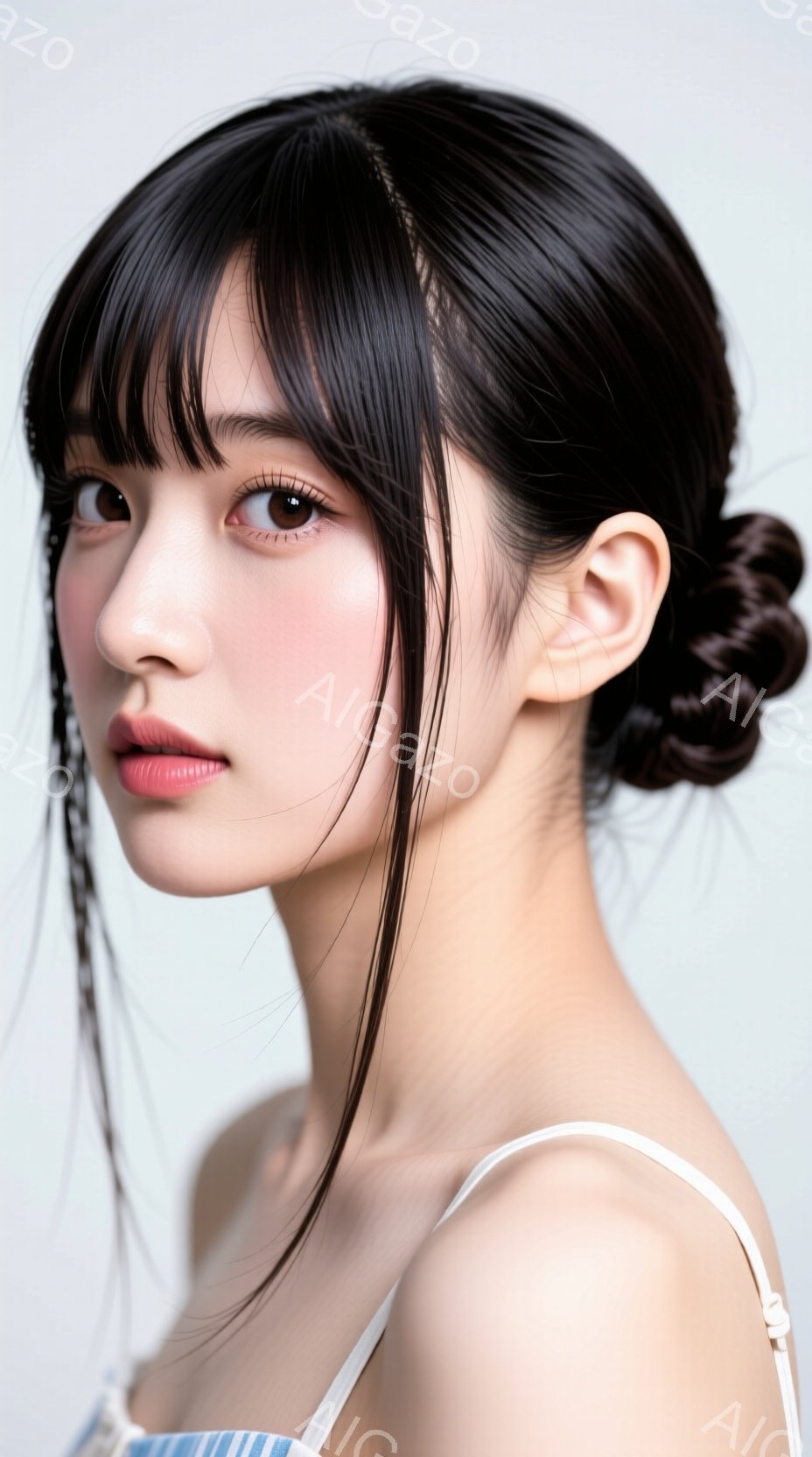 この女性は黒髪を後ろでねじってまとめ、前髪を少しだけ垂らしたヘアスタイルです。彼女は淡い色のストラップのトップスを着ており、わずかに微笑み、視線は少し上を向いています。背景は白く、人物が際立っており、 - AI生成フリー素材