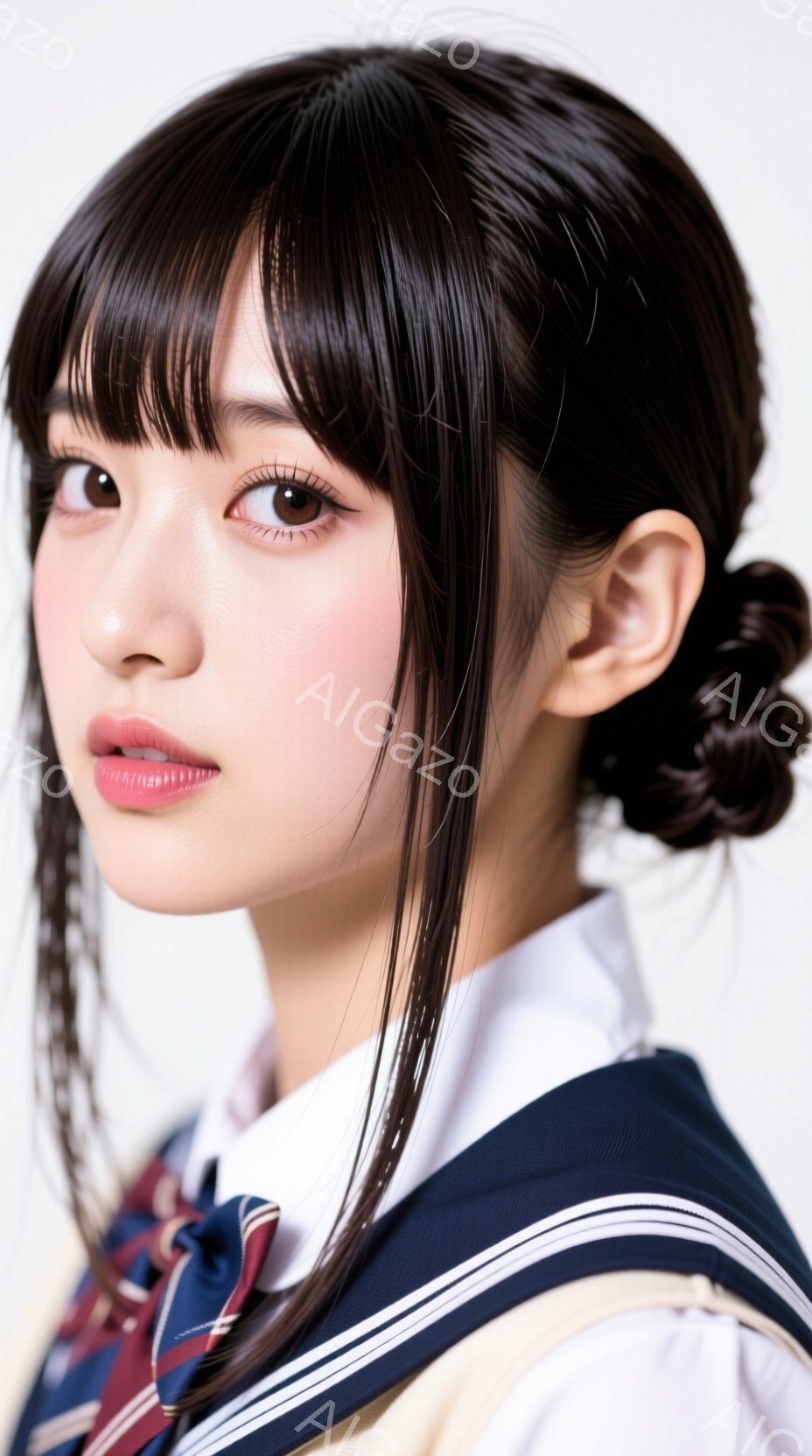 画像は、制服を着た若い女性のポートレートです。彼女は黒いヘアスタイルで、前髪は眉毛の下でカットされ、後ろでネーミングされたお団子ヘアにまとめられています。彼女は微笑んでおり、わずかに横を向いており、背 - AI生成フリー素材