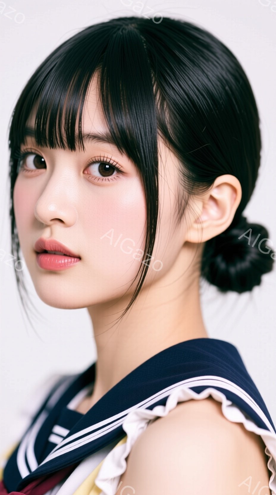 黒髪をきっちりとまとめあげた女性が写っている。紺色と白のセーラー服を着ており、顔には控えめな微笑みが浮かんでいる。背景は白く、人物が際立っており、全体的に清潔感があり、少し懐かしい雰囲気を醸し出している。