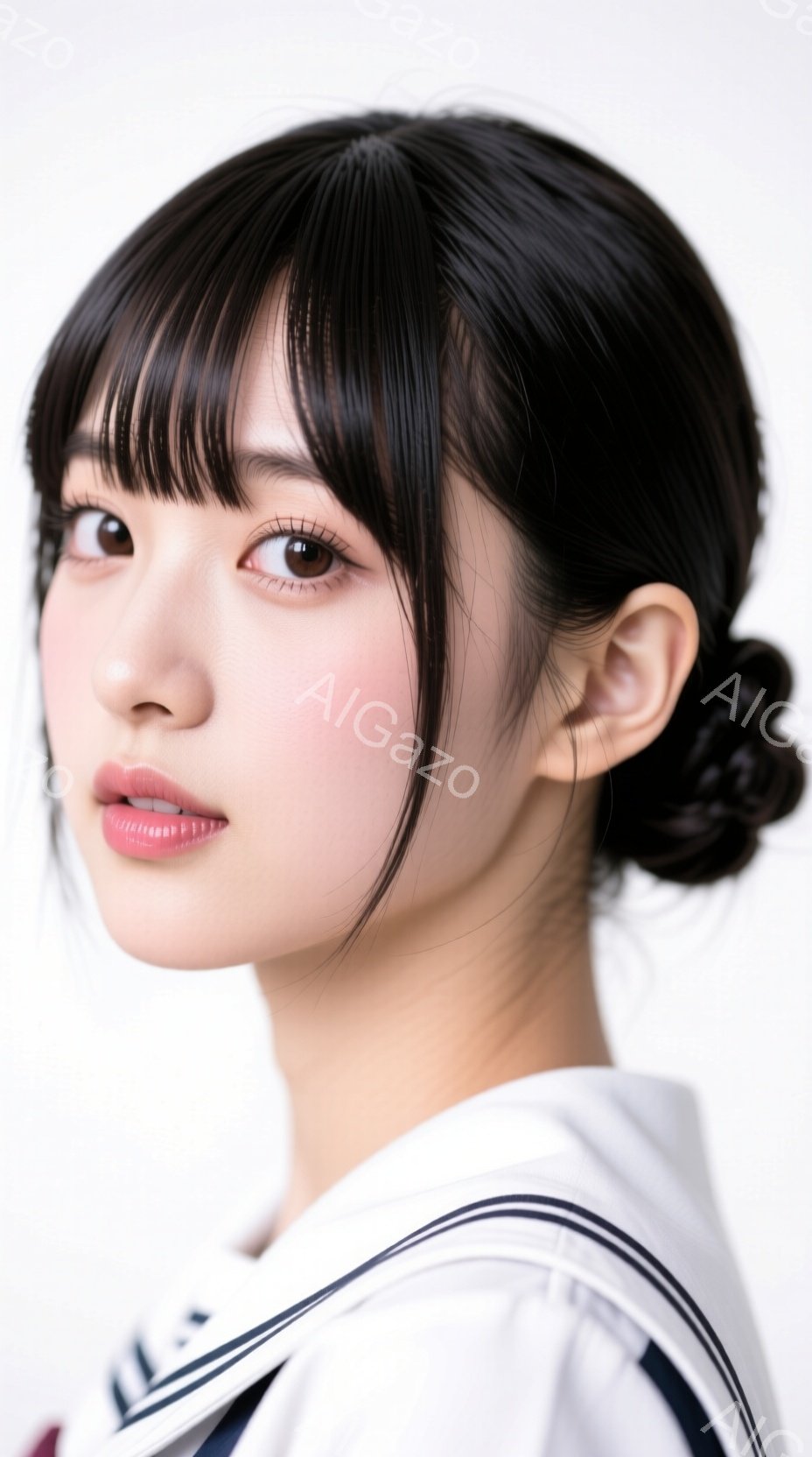 この女性は、白いセーラー服を着ており、髪はきっちりとまとめられています。彼女は少し横を向き、微笑みを浮かべており、表情は柔らかく、優雅な雰囲気です。背景は白く、女性が際立っており、ポートレート写真として洗練された印象を与えます。