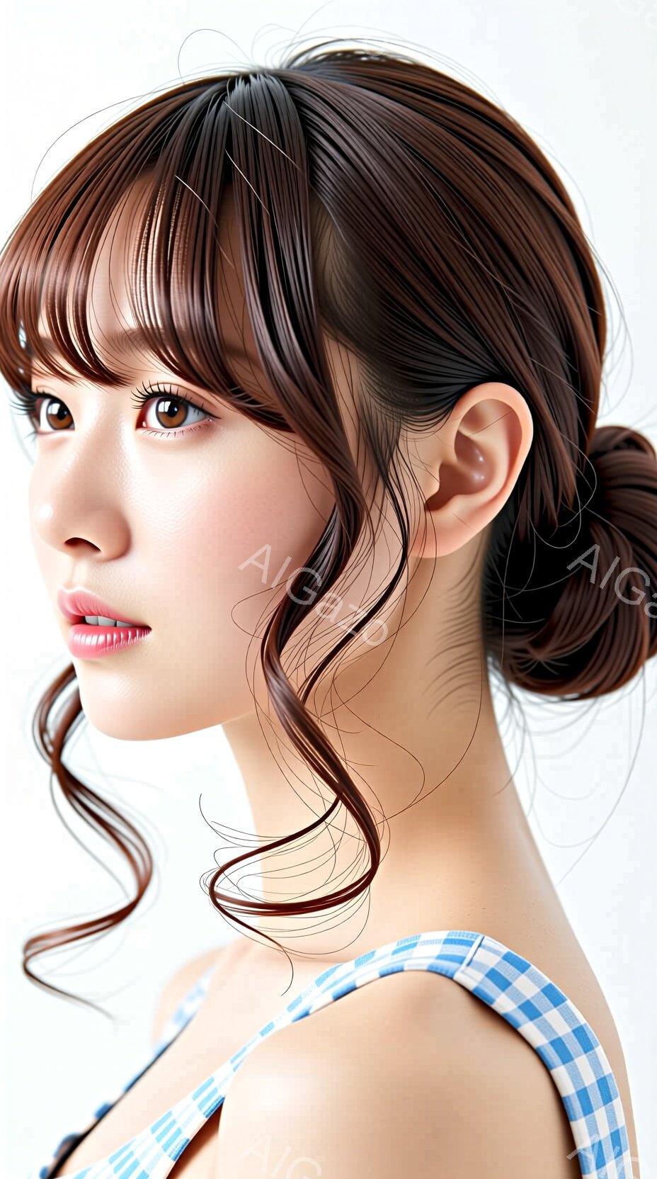 明るい茶髪の女性が、肩まで届くウェーブのかかった髪型で、後ろで一つにまとめている。青と白のギンガムチェックのキャミソールを着ており、顔は少し右を向き、穏やかな微笑みを浮かべている。背景は白く、女性が際立っており、全体的に柔らかく、親しみやすい雰囲気が漂っている。