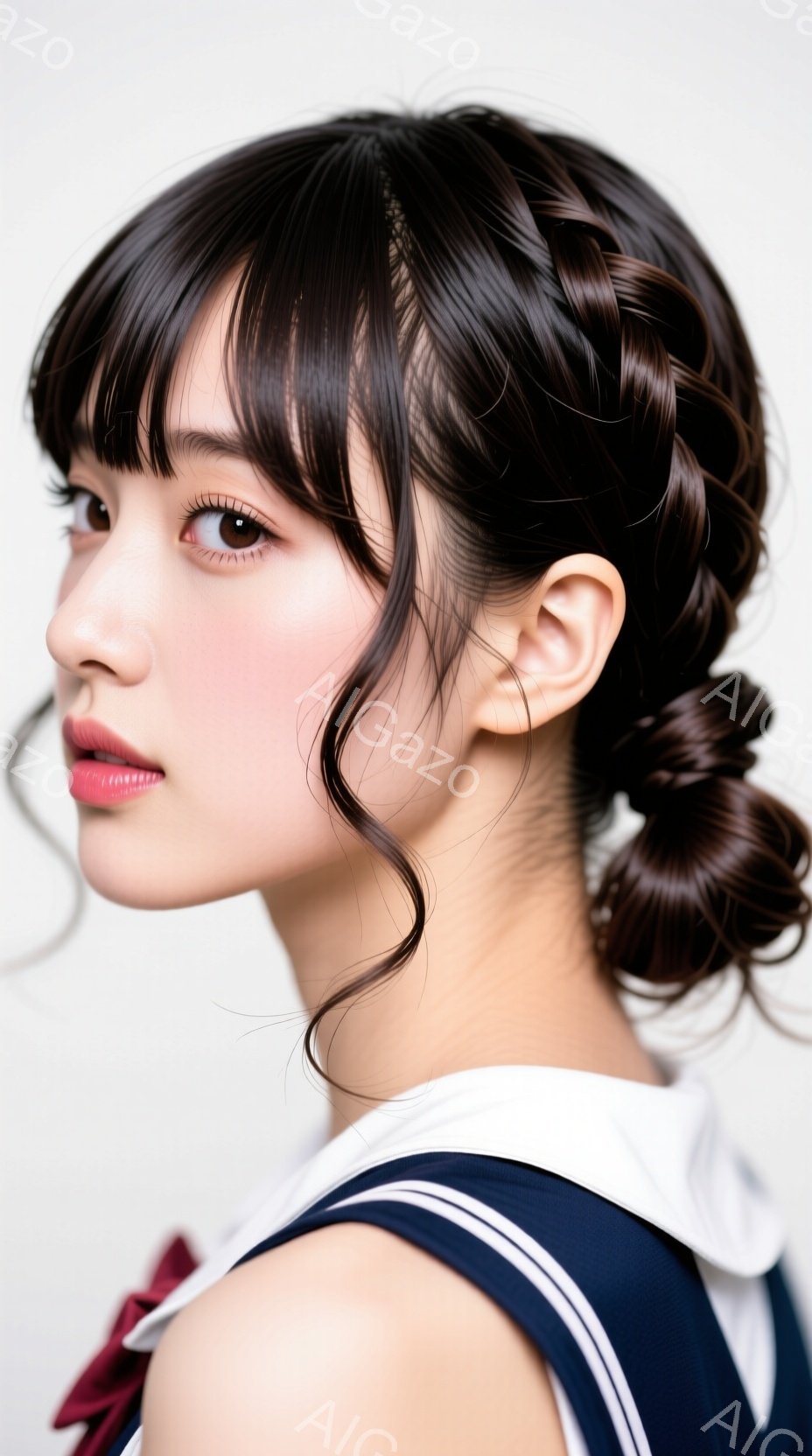 この画像は、茶色の髪を肩でゆるくまとめ上げた若い女性のポートレートです。紺色のセーラー服を着ており、首元には赤いリボンが結ばれています。背景は白く、女性の表情は穏やかで、少し微笑んでいるように見えます - AI生成フリー素材