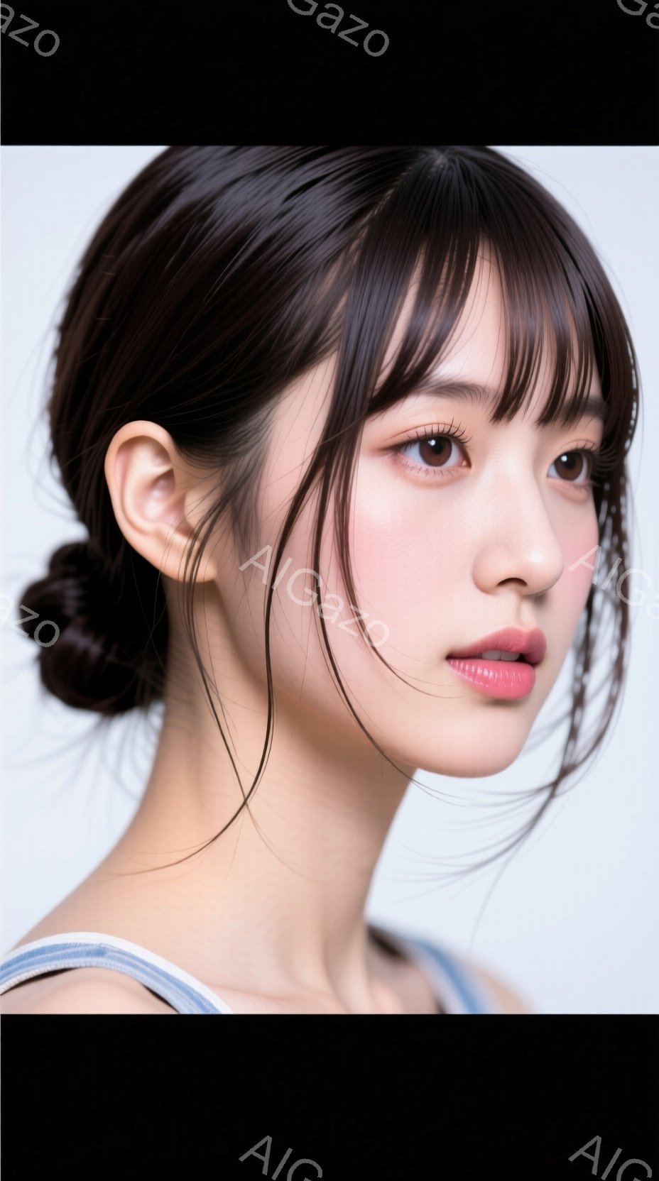 画像は、前髪がぱっつんとした若い女性のポートレートです。彼女は肩を露出した薄い青色のトップスを着ており、髪は後ろでまとめられています。彼女はわずかに微笑んでおり、全体的に柔らかく優しい雰囲気です。 - AI生成フリー素材