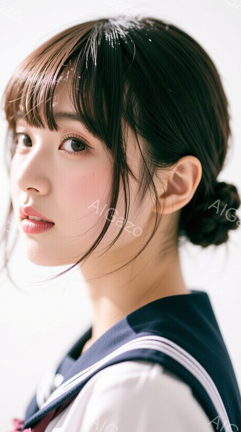 明るい背景を背景に、制服を着た若い女性が写っています。彼女は少し横を向き、微笑みを浮かべ、髪はきっちりと後ろでまとめられています。全体的に、明るく清潔感のある雰囲気で、学生らしさが強調されています。