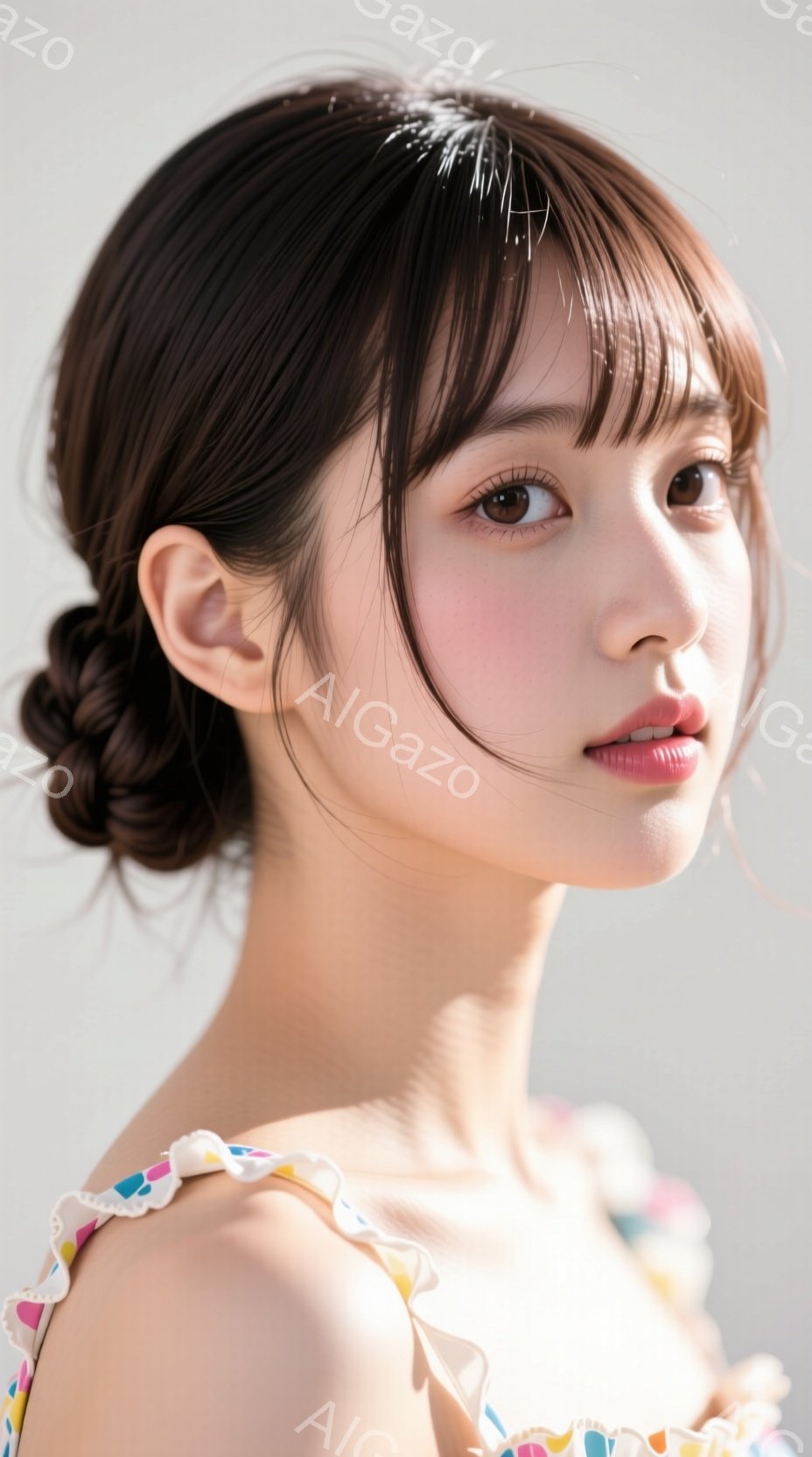 この女性は、肩出しのカラフルなプリント柄のドレスを着ており、髪は前髪をふんわりと残して後ろでまとめたアップスタイルです。彼女はわずかに振り返り、柔らかな微笑みを浮かべており、肌は健康的で艶やかです。背景は白く、彼女が際立っており、全体的に優しく、洗練された雰囲気を醸し出しています。