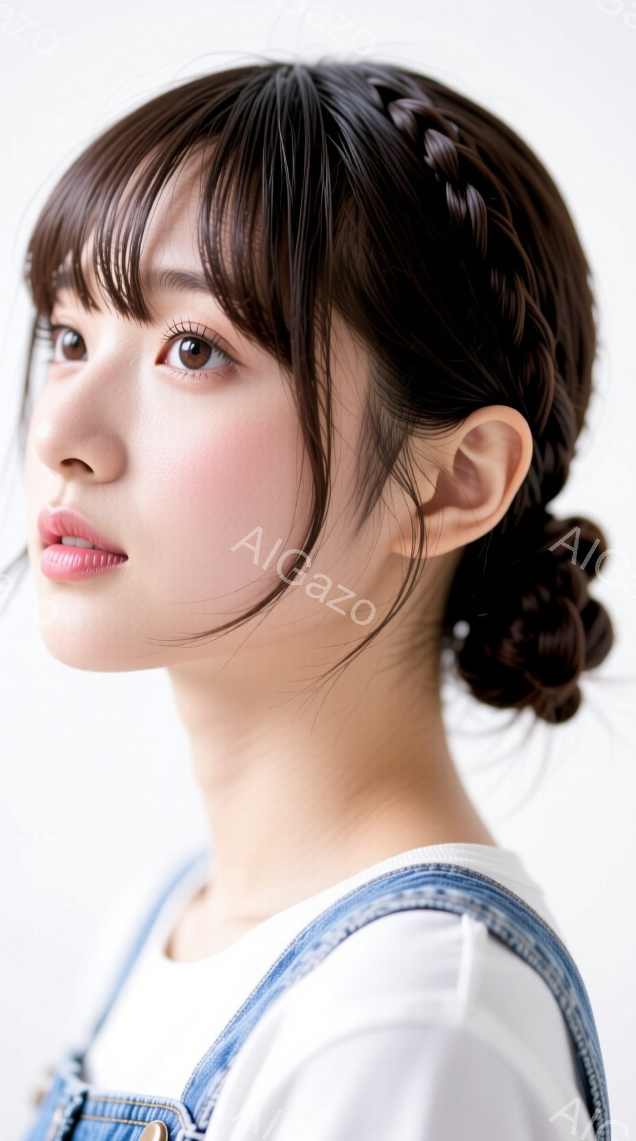 明るい髪色の女性が、白いトップスとデニムのオーバーオールを着ています。髪は前髪をふさふさに残し、後ろで複雑な編み込みお団子ヘアにまとめています。彼女は少し微笑み、カメラの方を横向きに見ており、全体的に - AI生成フリー素材