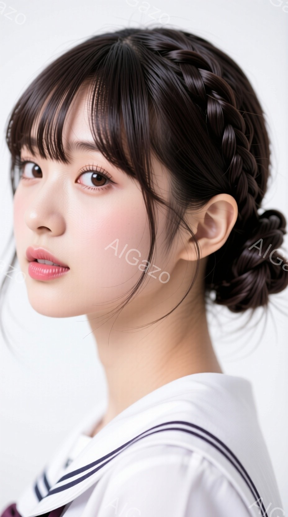 明るい背景を背にした若い女性のポートレートです。彼女はダークブラウンの髪を編み込み、後ろで丸めてまとめ、白いセーラーカラーのシャツを着ています。彼女はカメラを見つめ、穏やかで少し微笑んだ表情を浮かべています。