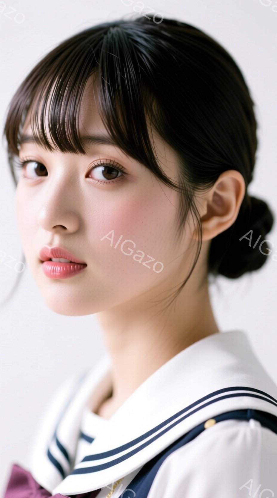 画像は、セーラー服を着た若い女性のポートレートです。彼女は暗い髪を高く結い、穏やかで少し内気な表情をしています。背景は白く、女性に焦点が当てられており、全体的に柔らかく、上品な雰囲気です。