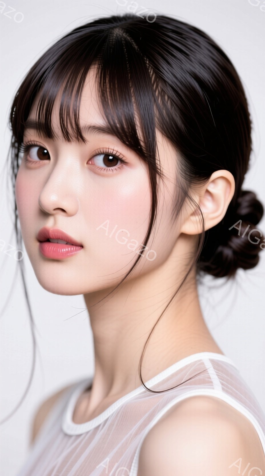 黒髪をまとめ上げた女性が写っている。彼女は白い透け感のあるトップスを着ており、少し微笑んだ表情でカメラを見ている。背景は白く、女性が際立っている。 - AI生成フリー素材