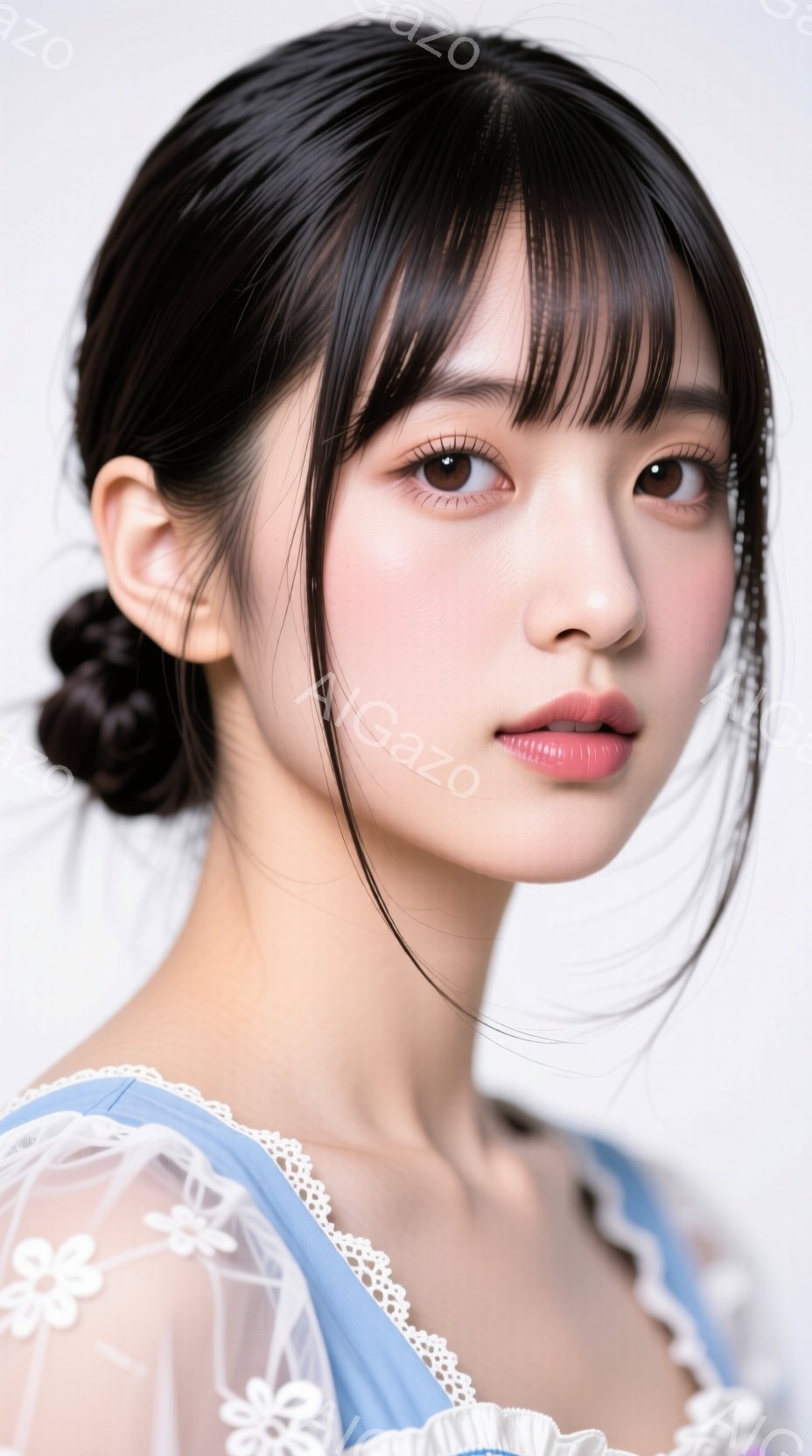 この女性は、肩出しの淡い水色のレースのブラウスを着ており、黒髪を前髪をふんわりと残して後ろでまとめ上げています。表情は穏やかで、少し微笑んでいるように見え、大きな瞳が印象的です。背景は白く、人物が際立っており、全体的に柔らかく優しい雰囲気です。