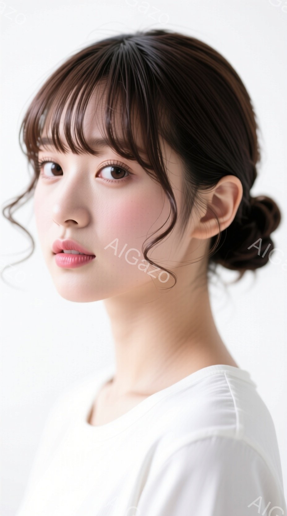 画像は、横を向いた若い女性のポートレートです。彼女は白いトップスを着ており、前髪を少しカールさせた、後ろでまとめた上品なヘアスタイルをしています。彼女の表情は穏やかで、どこか微笑んでいるようにも見え、全体的に優雅で洗練された雰囲気です。