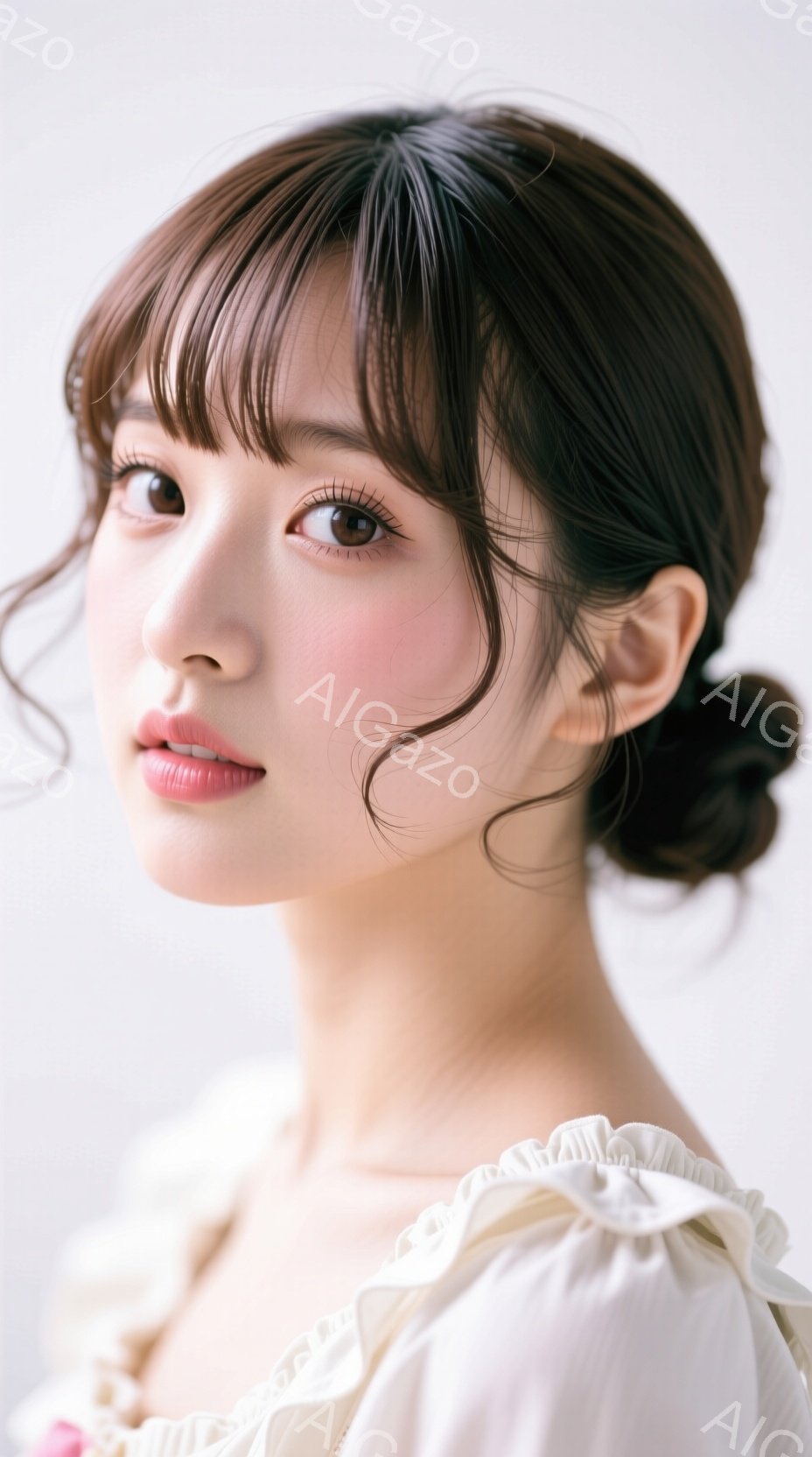 この女性は、肩までかかるダークブラウンの髪をハーフアップにして、後頭部でゆるくまとめている。オフホワイトのフリル襟のブラウスを着用し、顔色は明るく、わずかに微笑んでいるように見える。背景は白く、人物が際立っており、全体的に柔らかく、優雅な雰囲気を醸し出している。