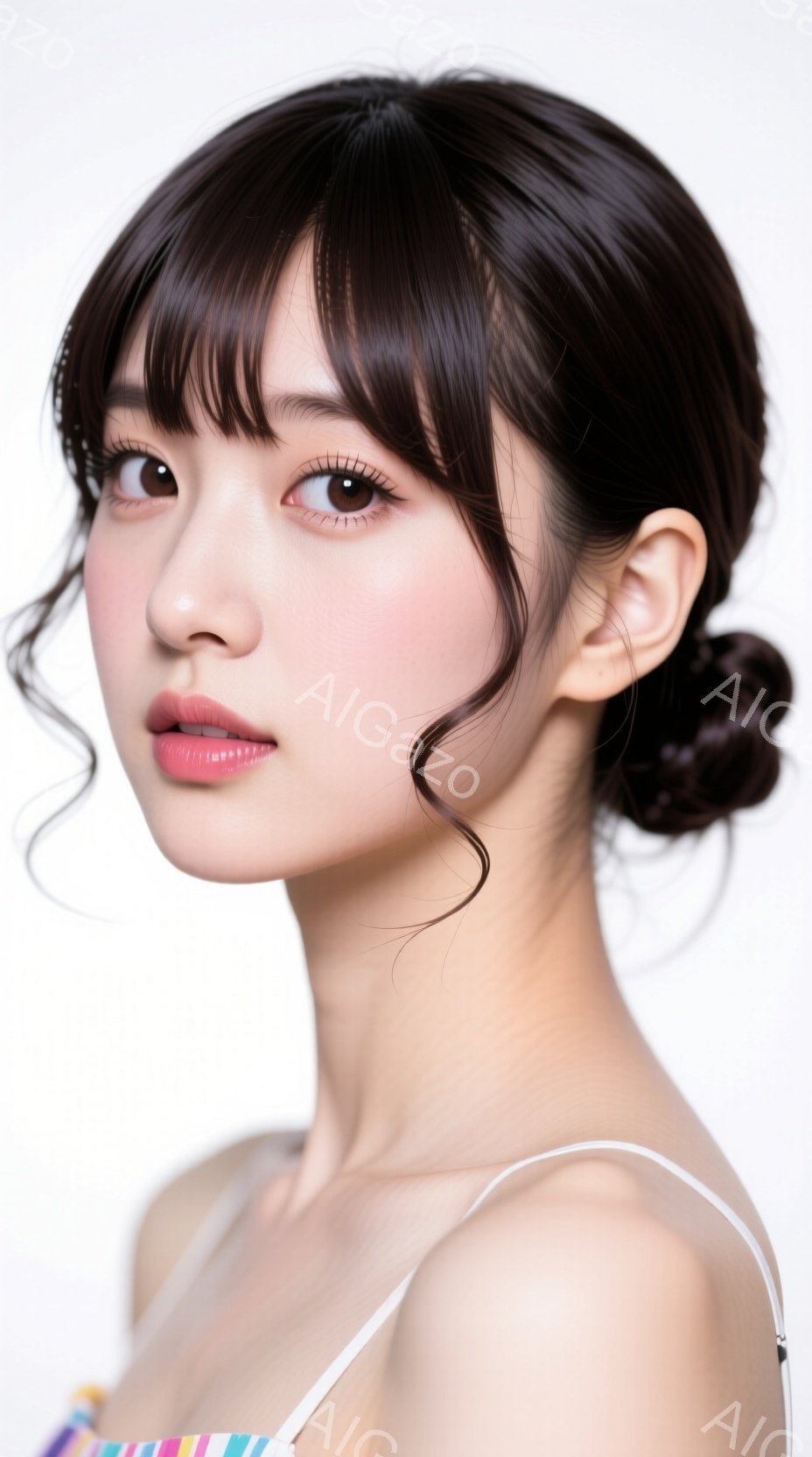 画像は、肩から胸を捉えた若い女性のポートレートです。彼女は、肩出しの白いトップスを着ており、髪は前髪を少し残して後ろでまとめられています。彼女は微笑みを浮かべ、わずかに横を向いており、全体的に柔らかく - AI生成フリー素材