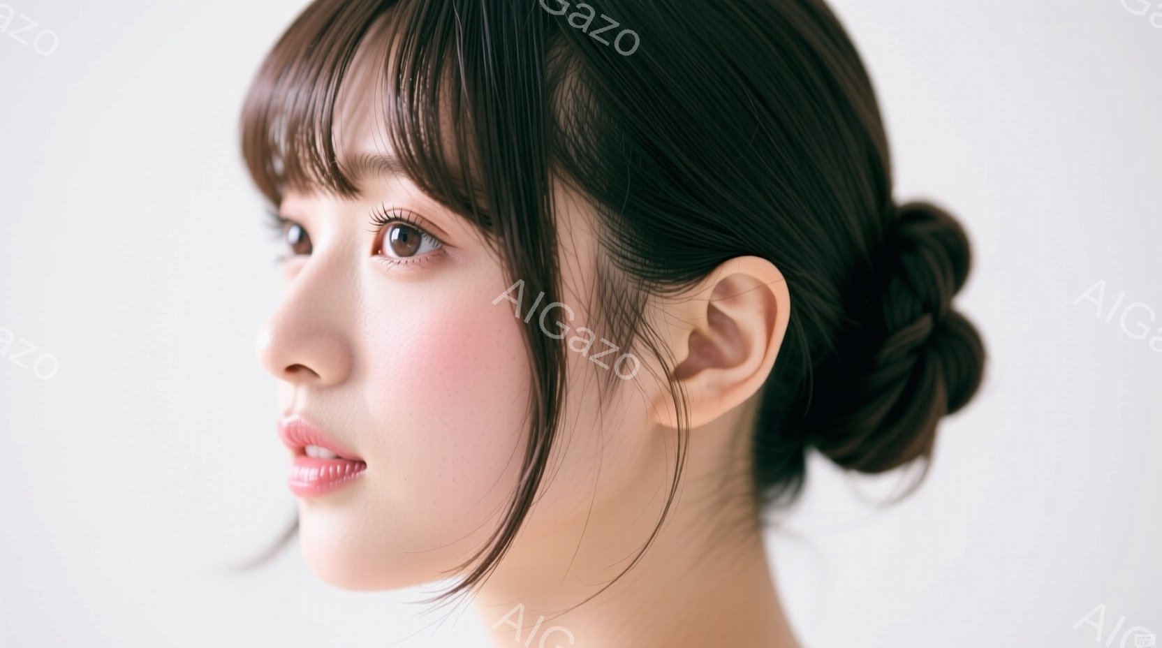 この画像は、横顔の若い女性を描写しています。彼女は前髪を少し長く残した、きっちりとまとめられたお団子ヘアスタイルで、薄いピンク色の口紅を塗っています。背景は白く、女性が際立っており、全体的に穏やかで上 - AI生成フリー素材