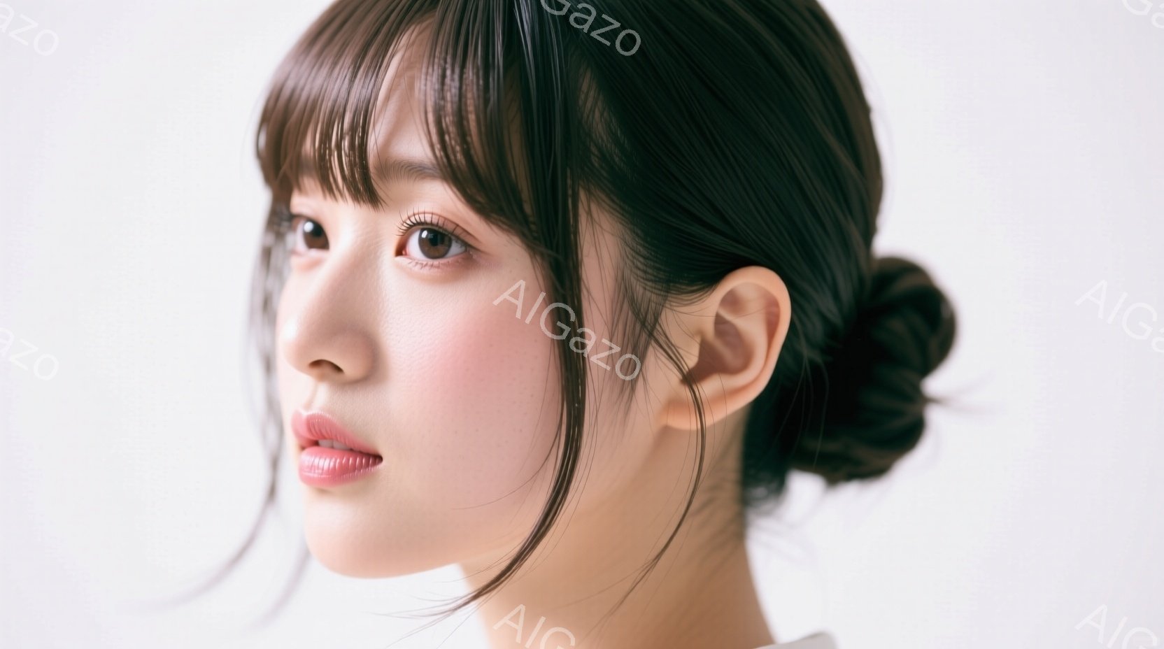 この女性は、サイドに髪をまとめたヘアスタイルで、前髪が少し顔にかかっています。彼女は口元を軽く結び、穏やかな表情で何かを見つめています。背景は白く、彼女の美しさを際立たせており、全体的に上品で落ち着いた雰囲気を醸し出しています。