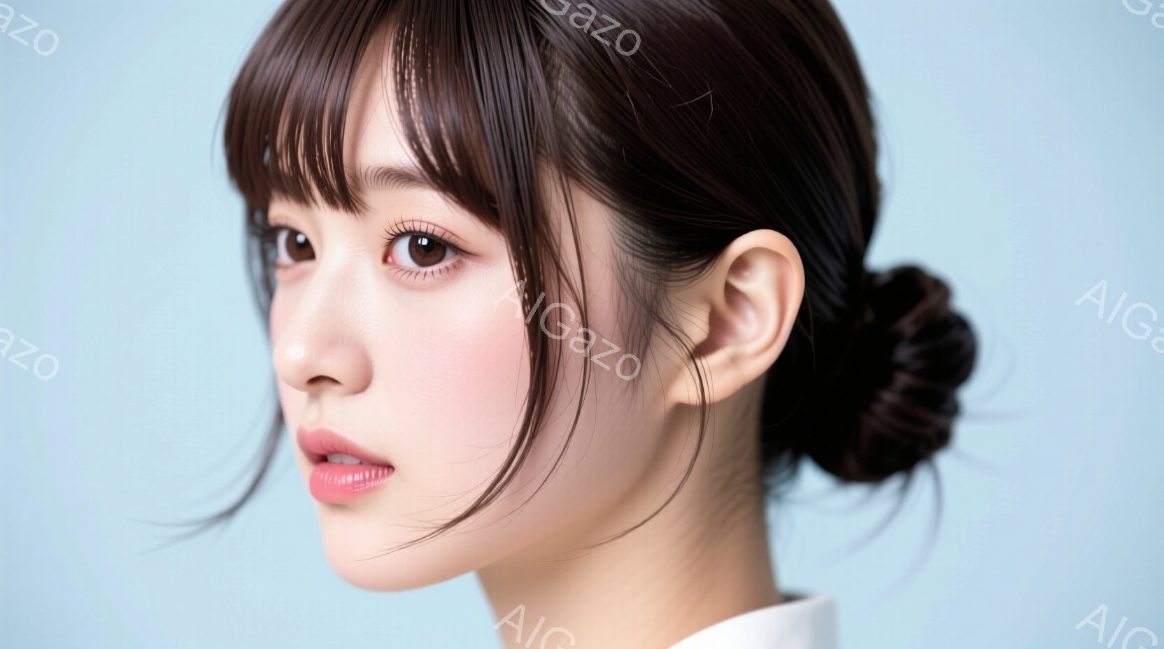 画像は、茶色の髪を後ろでまとめており、前髪が目にかかる女性のポートレートです。彼女は白い襟の服を着ており、少し口を開けて穏やかな表情をしています。背景は淡い水色で、人物に焦点が当てられています。