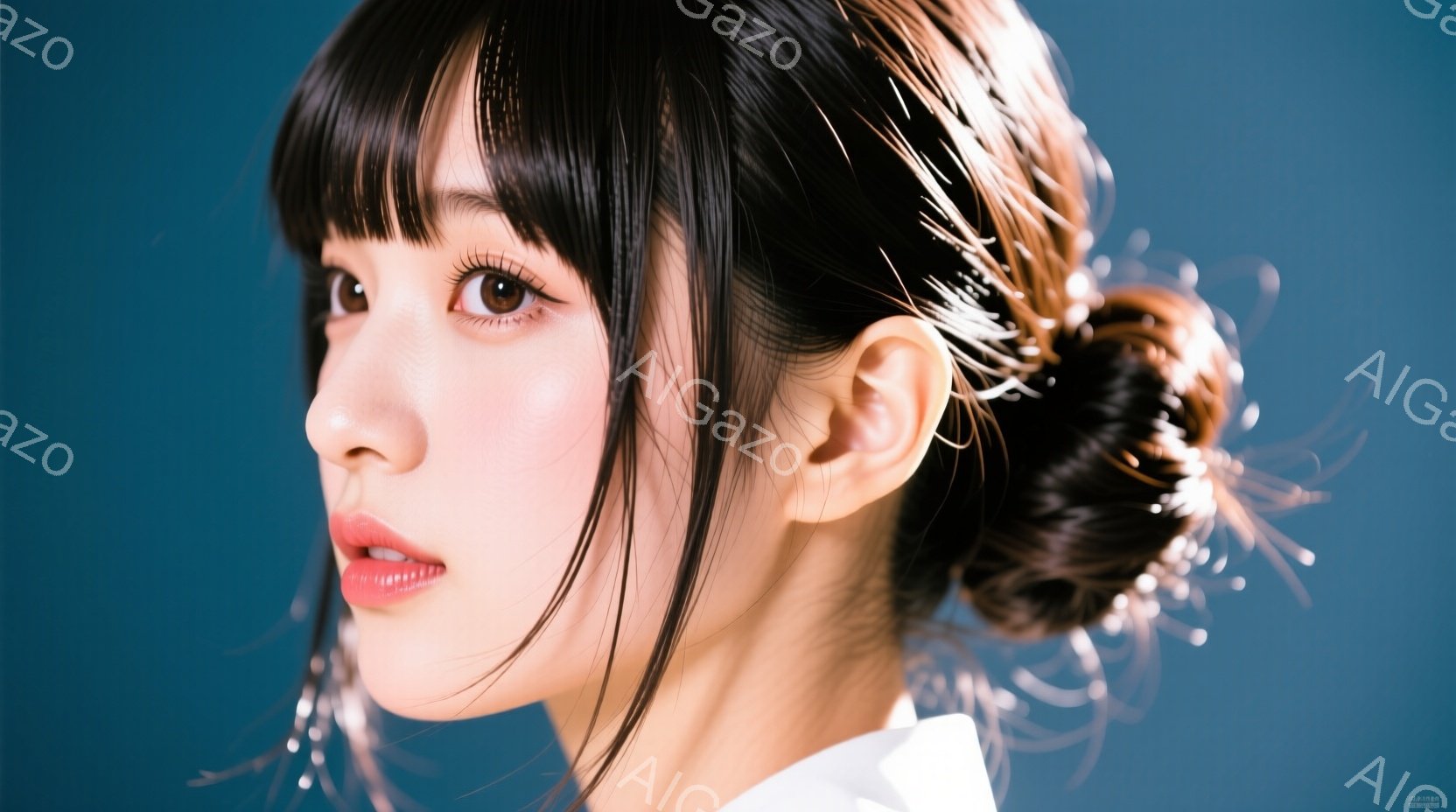 この画像には、黒髪の女性が写っており、前髪は眉毛にかかるように切り揃えられています。彼女は白い襟のシャツを着ており、髪は後ろでまとめられ、透明な細長い装飾が添えられています。背景は鮮やかな青色で、女性の美しさと優雅さを引き立てています。