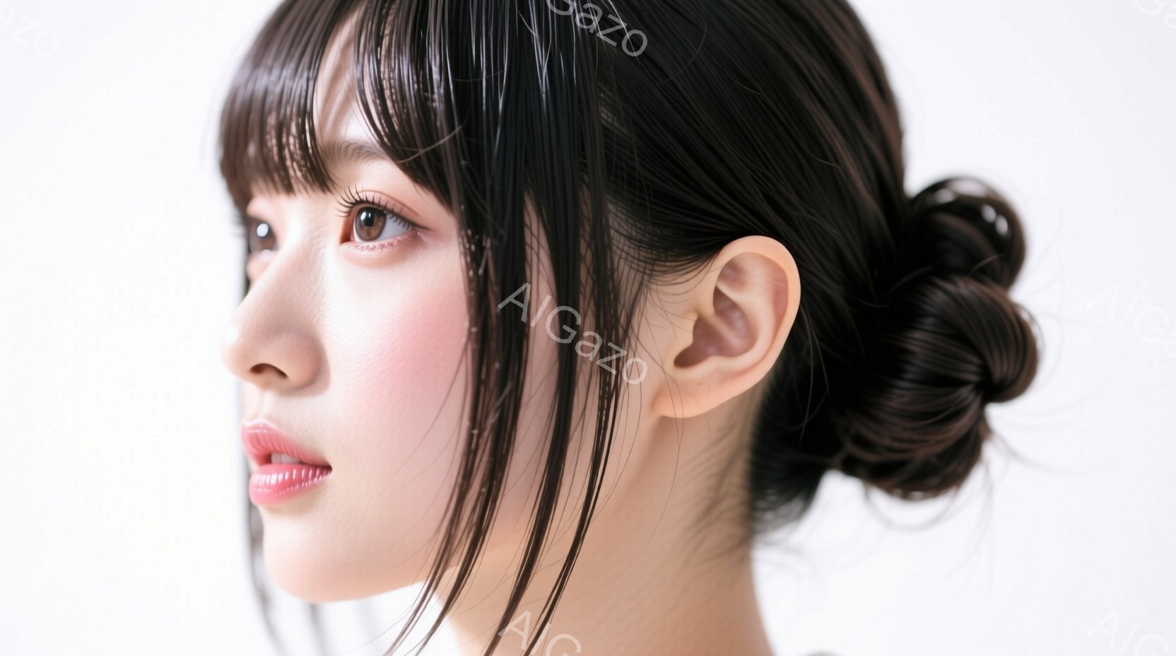 画像は、横顔の若い女性を捉えています。彼女は前髪が目の上にかかるようにカットされた黒髪で、後ろ髪はきっちりとまとめられたお団子になっています。彼女の肌は滑らかで、唇には薄いピンク色の光沢があり、穏やかで上品な雰囲気を醸し出しています。