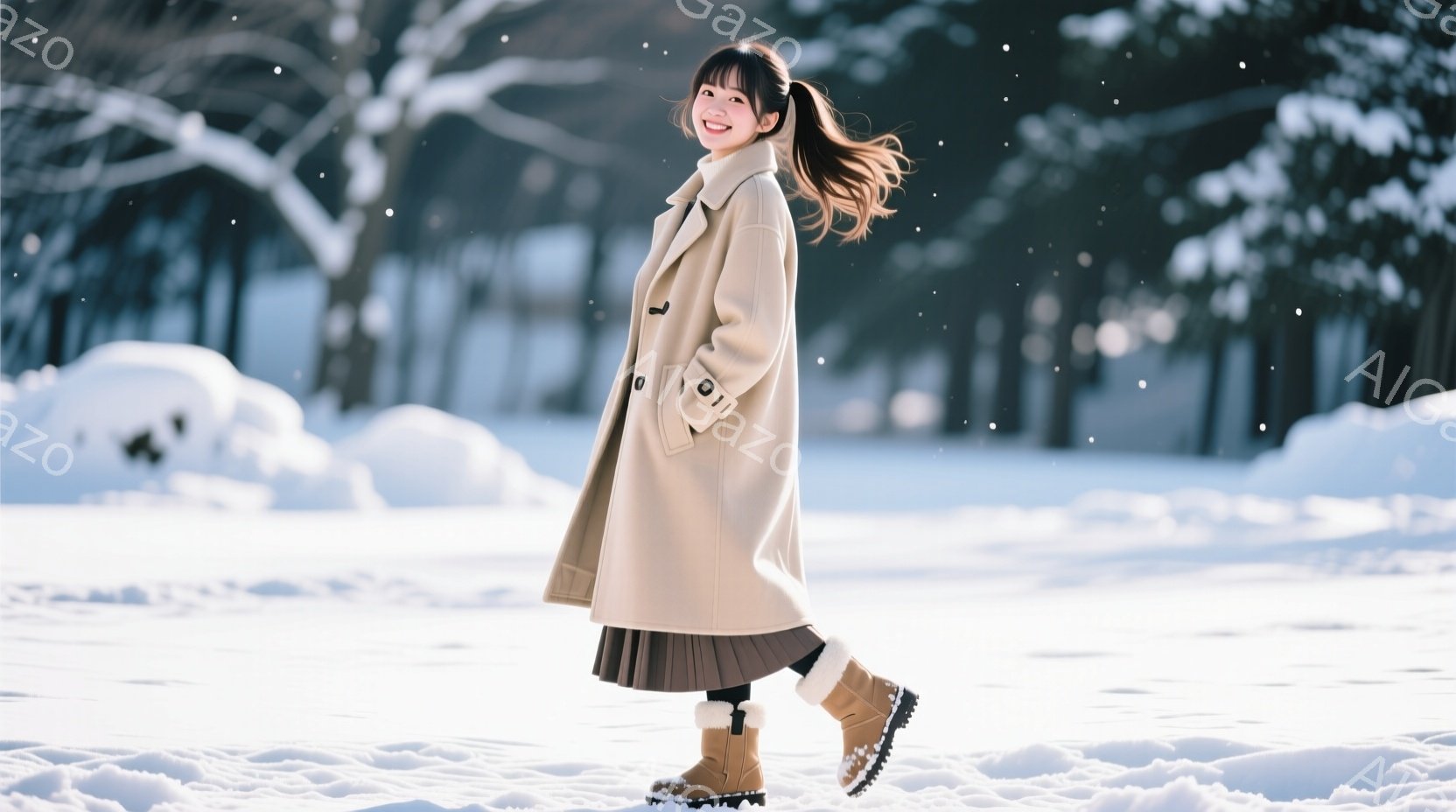 長いクリーム色のコートを着た若い女性が雪景色の中を歩いている。彼女は髪を高く結び、笑顔を見せ、茶色のブーツを履いている。背景には雪に覆われた木々と白い雪景色が広がり、冬の穏やかな雰囲気を醸し出している - AI生成フリー素材