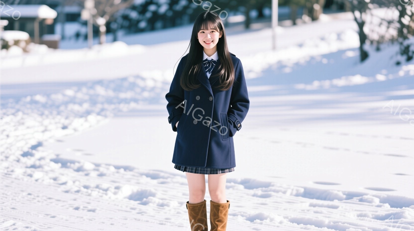 若い女性が雪景色の中で立っており、紺色のダブルブレストのコート、チェック柄のスカート、茶色の膝丈ブーツを着用しています。彼女は黒髪で、前髪を分けており、穏やかな笑顔を浮かべています。背景には雪に覆われ - AI生成フリー素材