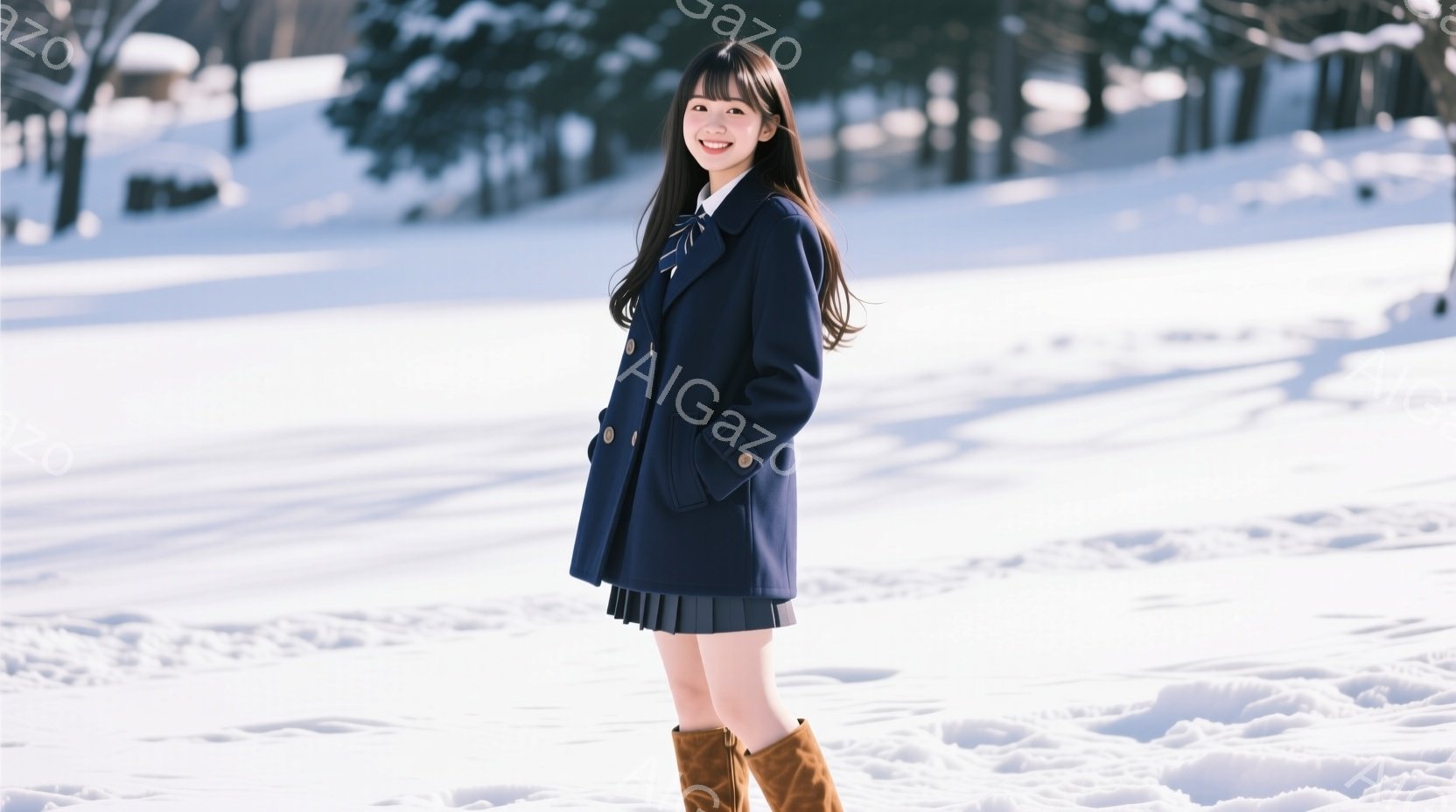 画像には、紺色の制服に茶色のブーツを履いた若い女性が写っています。彼女は微笑んでおり、やや横向きのポーズで立っています。背景は雪景色で、木々が白く覆われ、冬の穏やかな雰囲気を醸し出しています。 - AI生成フリー素材