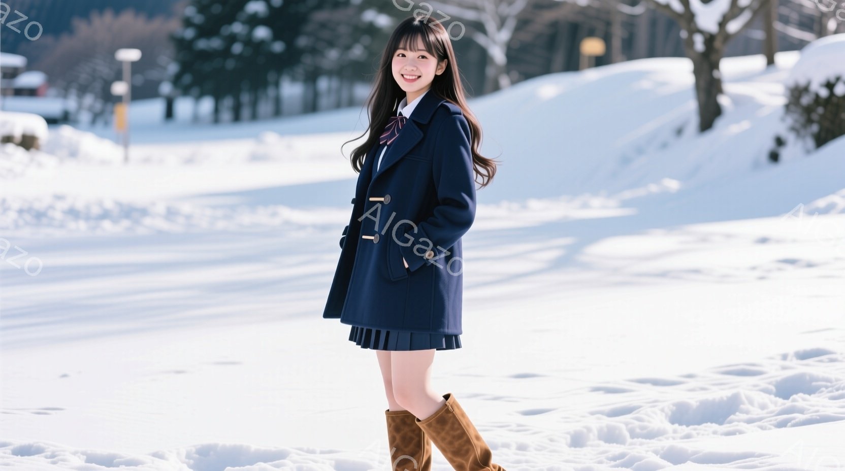 画像には、紺色のコートとチェック柄のスカートを着た若い女性が写っています。彼女は茶色のブーツを履き、微笑みを浮かべ、少し横を向いています。背景は雪景色で、木々や建物がぼんやりと見え、冬の静かで穏やかな - AI生成フリー素材