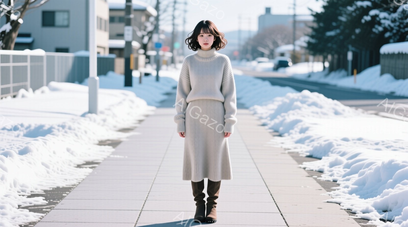 灰色のニットのセットアップを身につけた女性が、雪の積もった歩道を立っている。彼女はストレートで肩までの長さの髪を持ち、落ち着いた表情で正面を向いている。背景には、雪に覆われた住宅や道路が見え、冬の静かで穏やかな雰囲気を醸し出している。