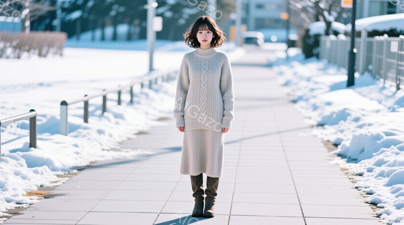 画像には、薄いグレーのケーブルニットのワンピースにブーツを履いた女性が写っています。彼女は暗めの茶色のボブヘアで、少し微笑んでいるように見えます。背景には雪が積もり、白い柵と建物が並び、晴れた冬の日の - AI生成フリー素材