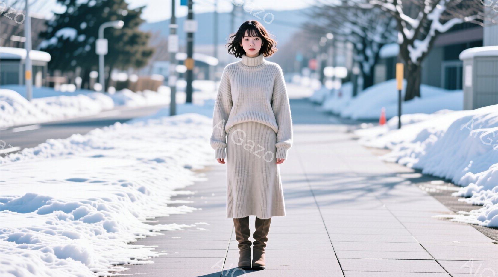 画像には、ベージュのニットとスカートを着た女性が立っている。彼女は茶色のブーツを履き、ダークブラウンのゆるいウェーブヘアで、表情は穏やかで微笑んでいるように見える。背景には雪が積もった歩道と建物が見え - AI生成フリー素材